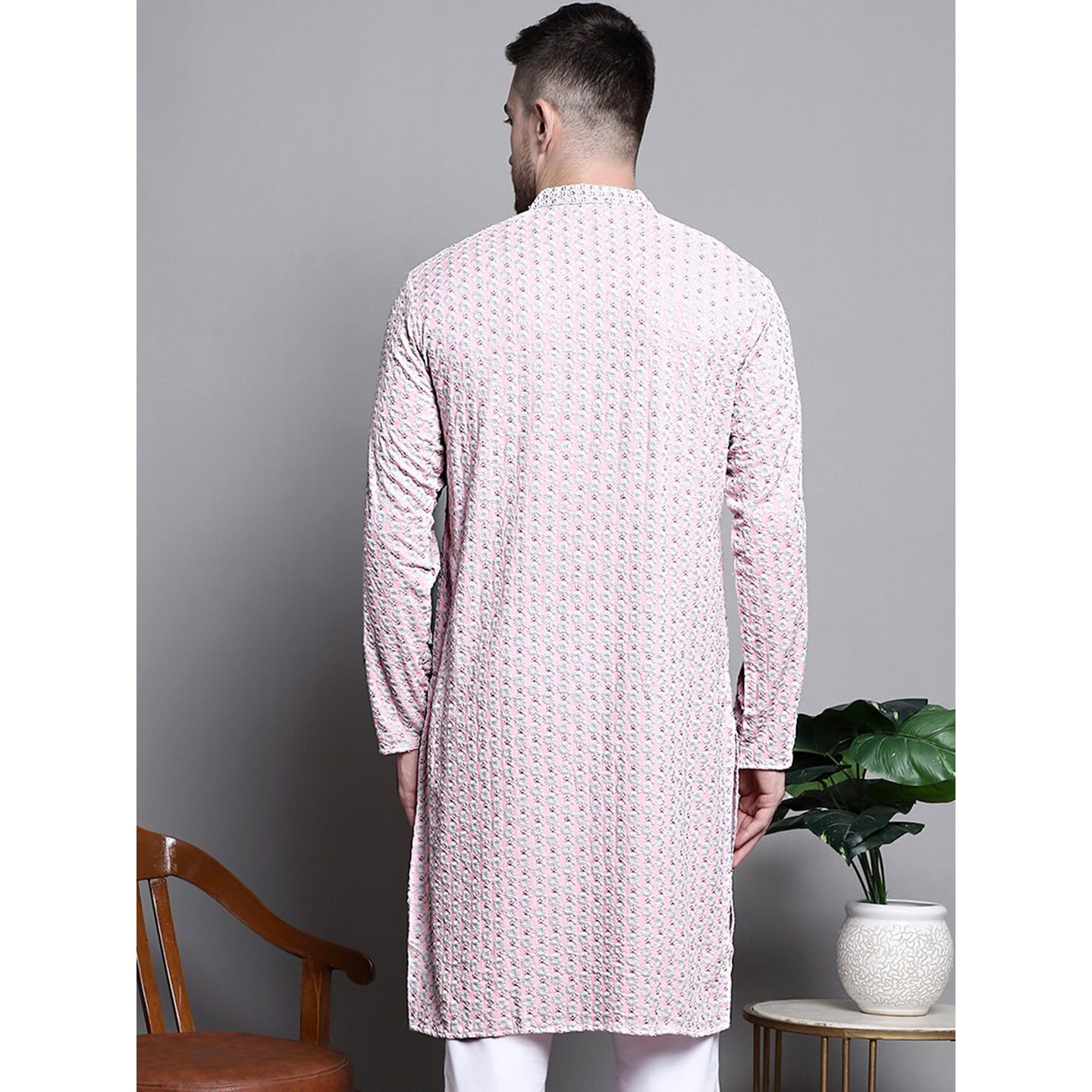 Jompers Men Sequin Embroidered Pure Cotton Kurtas (Pink, M)