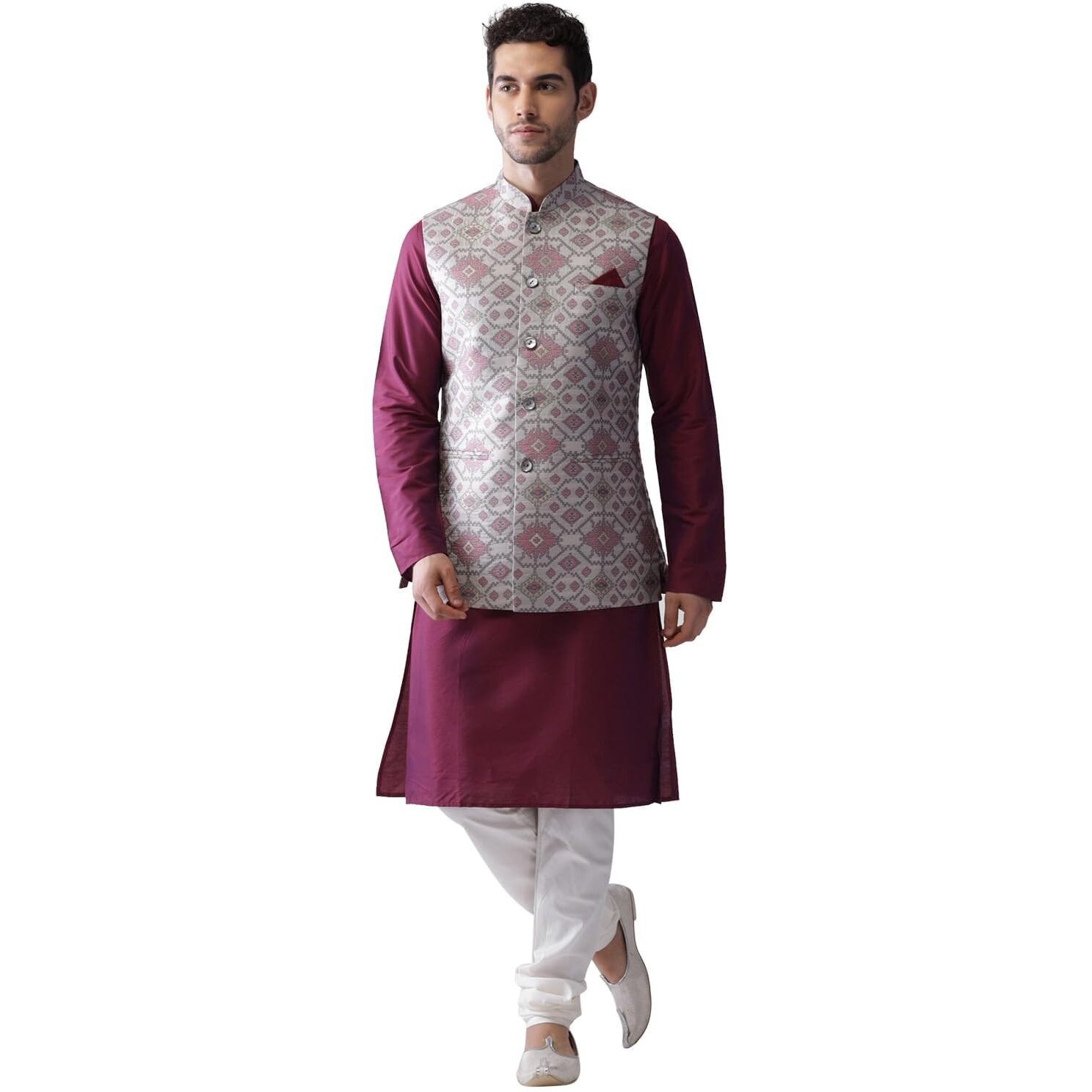 Kisah Men Grey Regular Kurta Churidar With Nehru Jacket, Full Sleaves, Knee Length, Straight, Regular Fit, Mandarin Collar Ethnic Wear