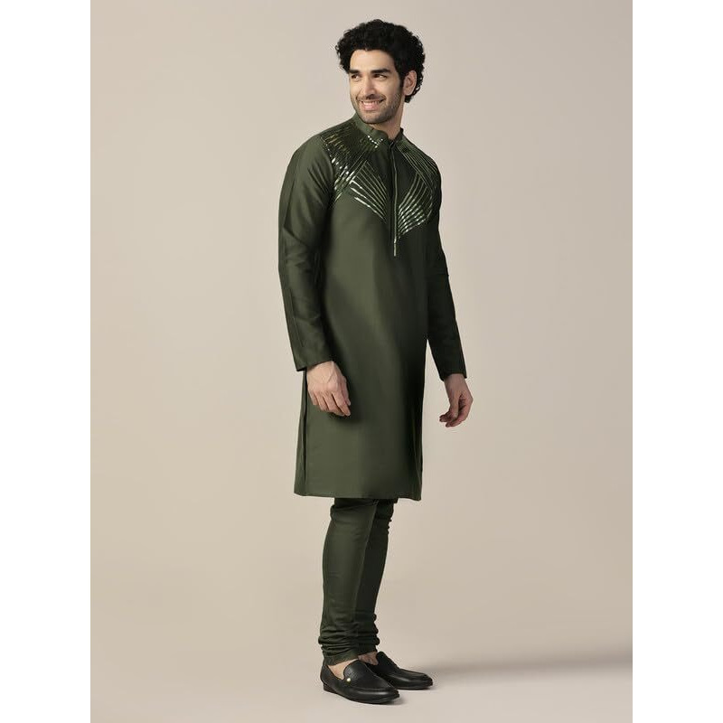 Kisah Men's Kurta, Olive Cotton Blend, Embellished Regular Fit Mandarin Collar Long Sleeves (38)