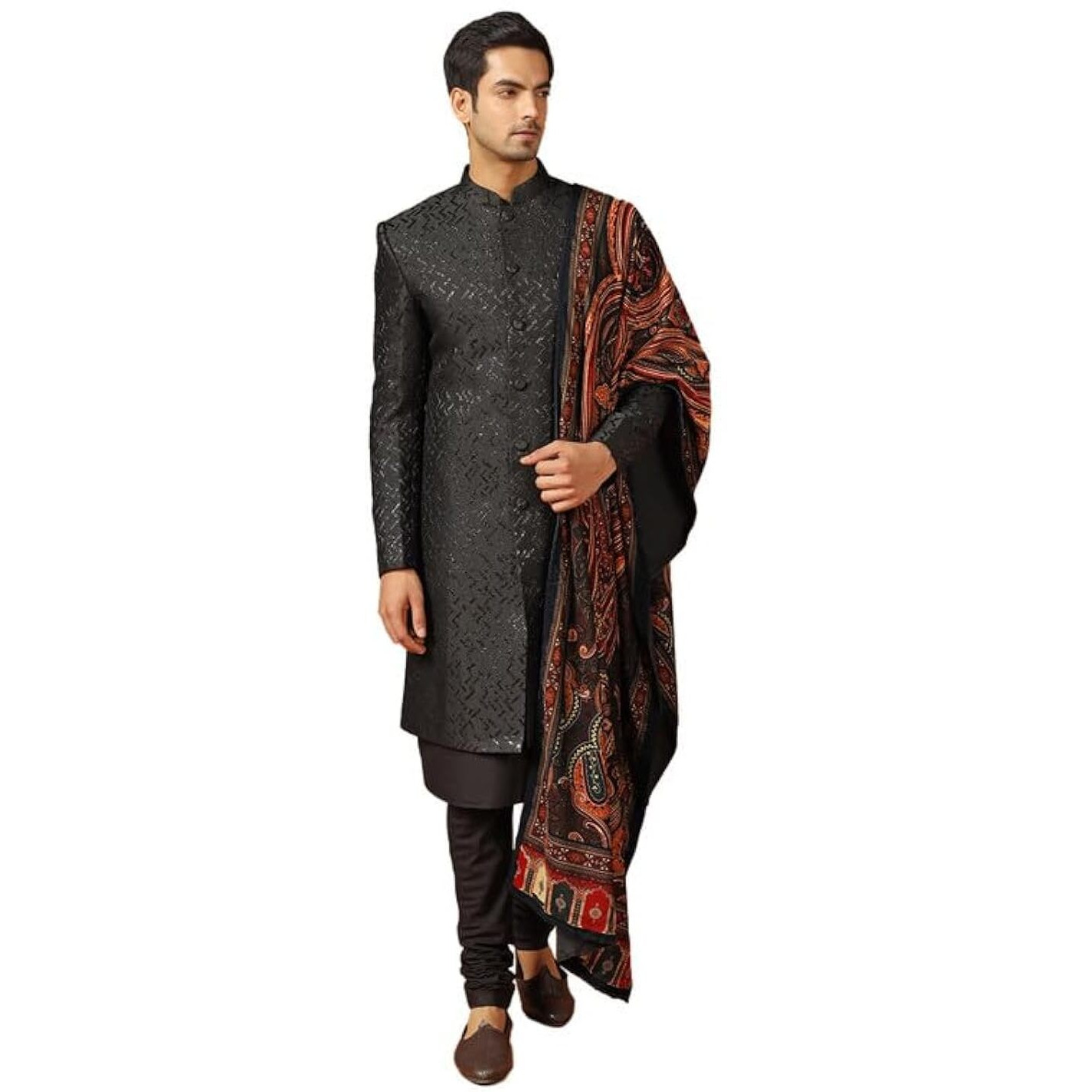 Kisah Men's Kurta Indo-Western Sherwani Churidar Dupatta Set, Black Jacquard, Woven Regular Fit Mandarin Collar Long Sleeves (42)
