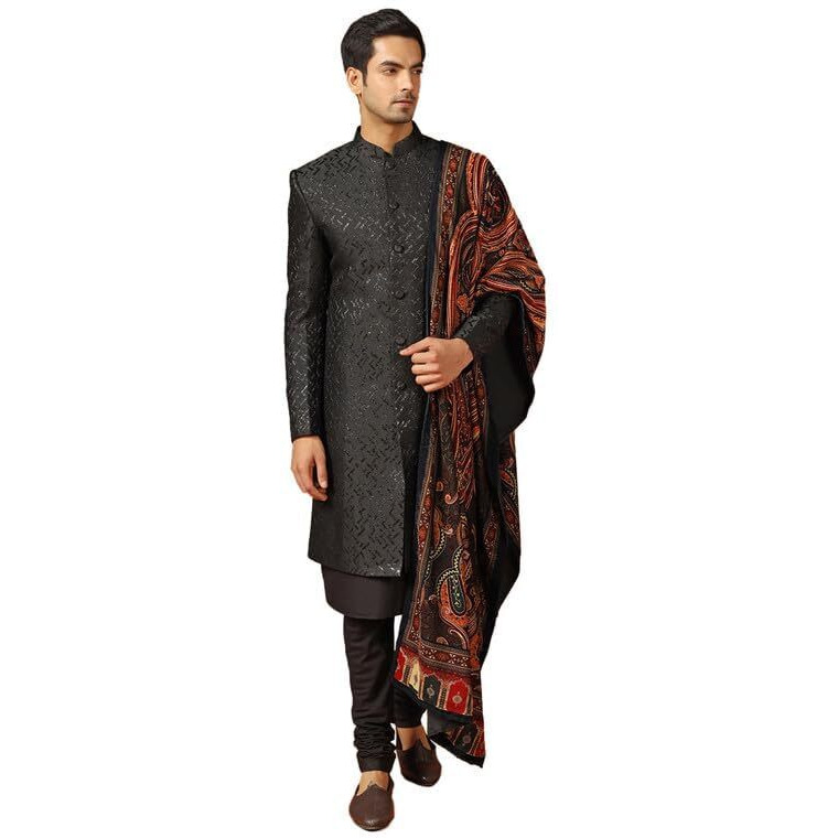 Kisah Men's Kurta Indo-Western Sherwani Churidar Dupatta Set, Black Jacquard, Woven Regular Fit Mandarin Collar Long Sleeves (42)