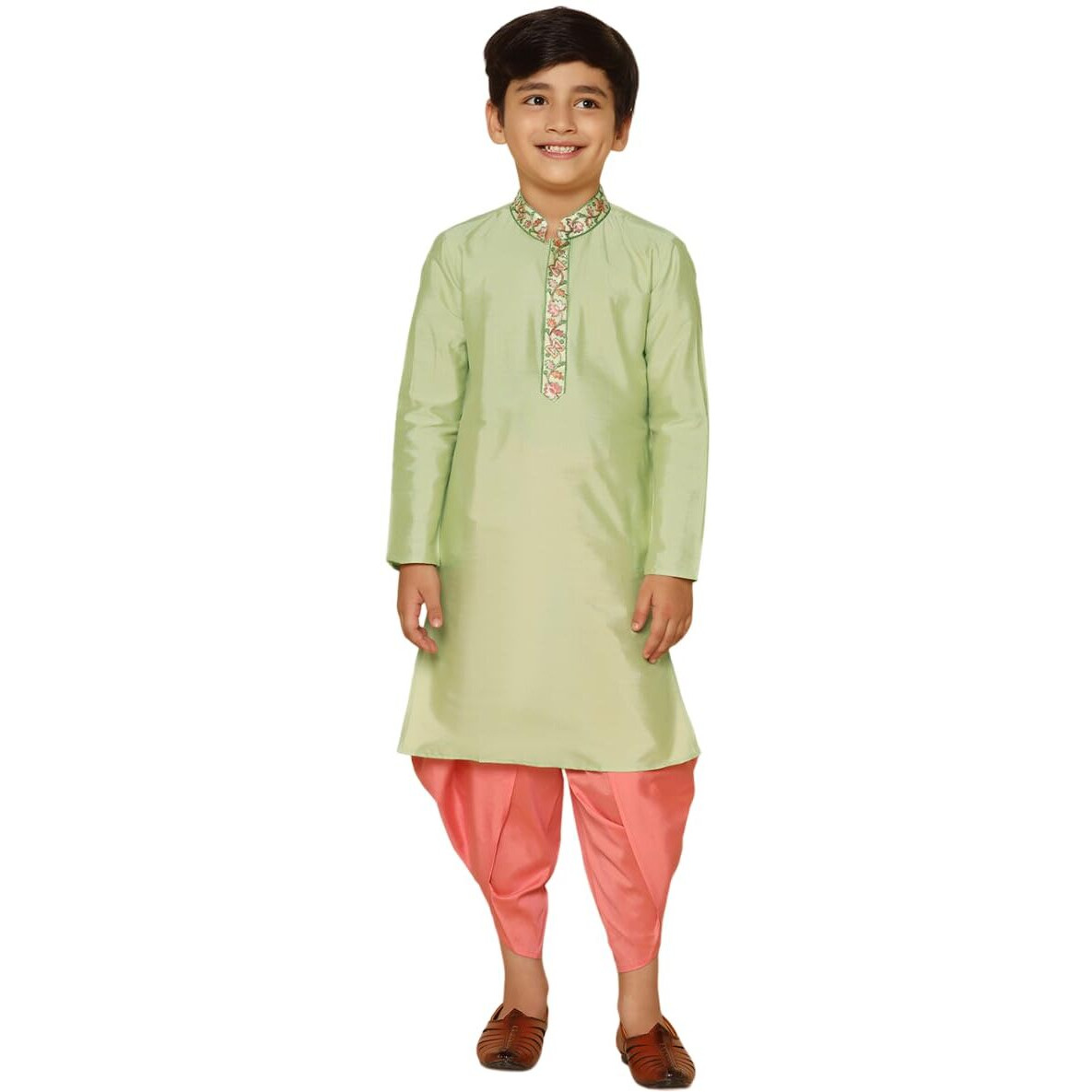 Kisah Kid's Full Sleeves Cotton Blend Knee Length Embroidered Green Slip On Kurta Dhoti Set (5-6Y)