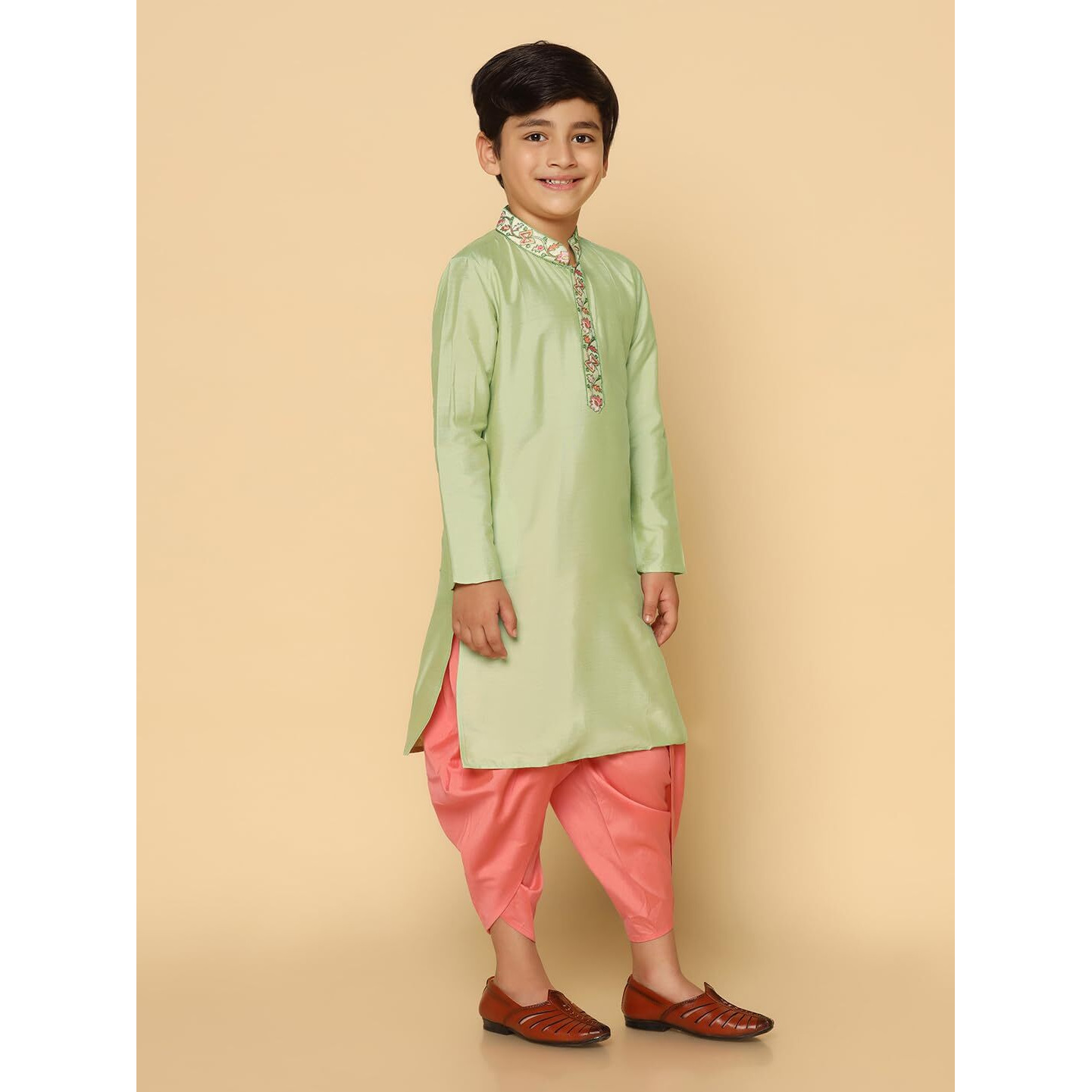 Kisah Kid's Full Sleeves Cotton Blend Knee Length Embroidered Green Slip On Kurta Dhoti Set (5-6Y)