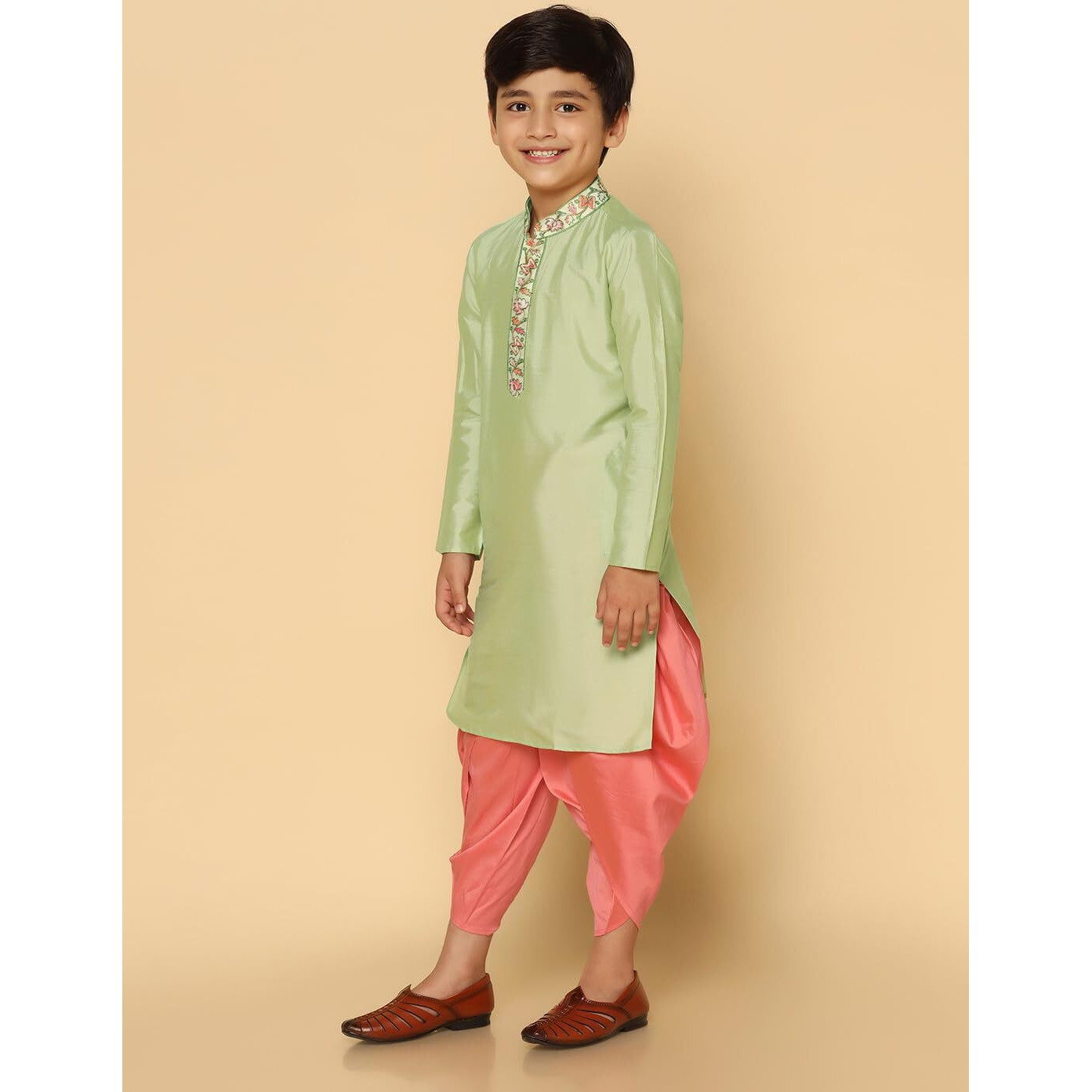 Kisah Kid's Full Sleeves Cotton Blend Knee Length Embroidered Green Slip On Kurta Dhoti Set (5-6Y)
