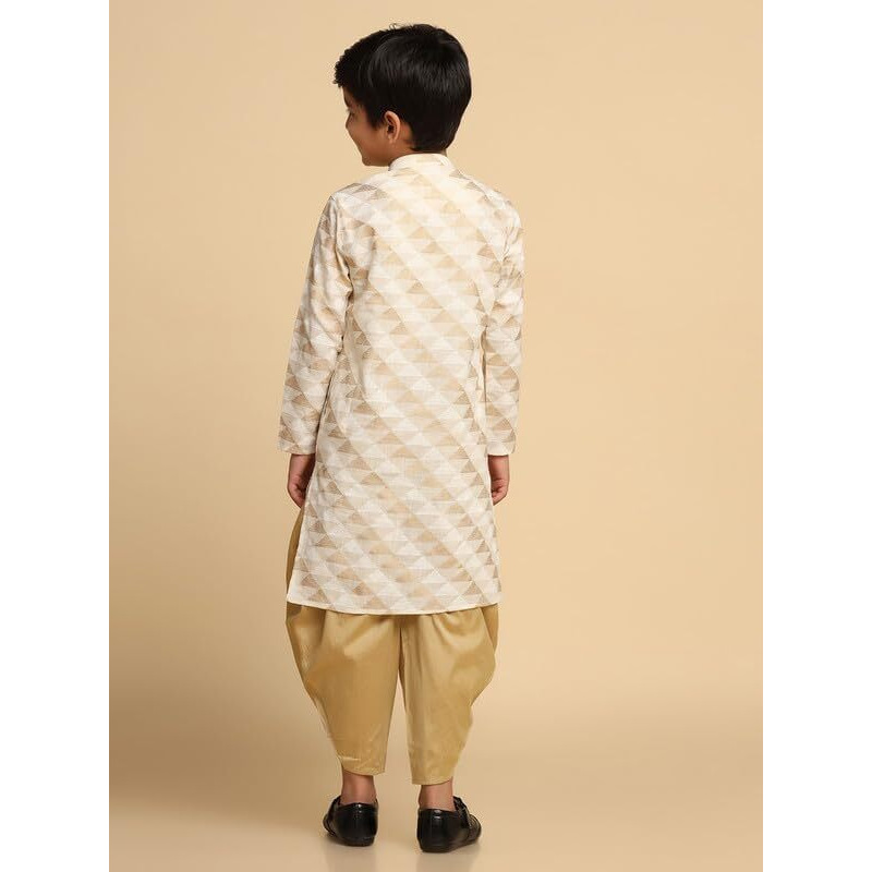 Kisah Boy's Kurta, White Cotton Blend, Abstract Long Sleeves Regular Fit Mandarin Collar|7-8 Years