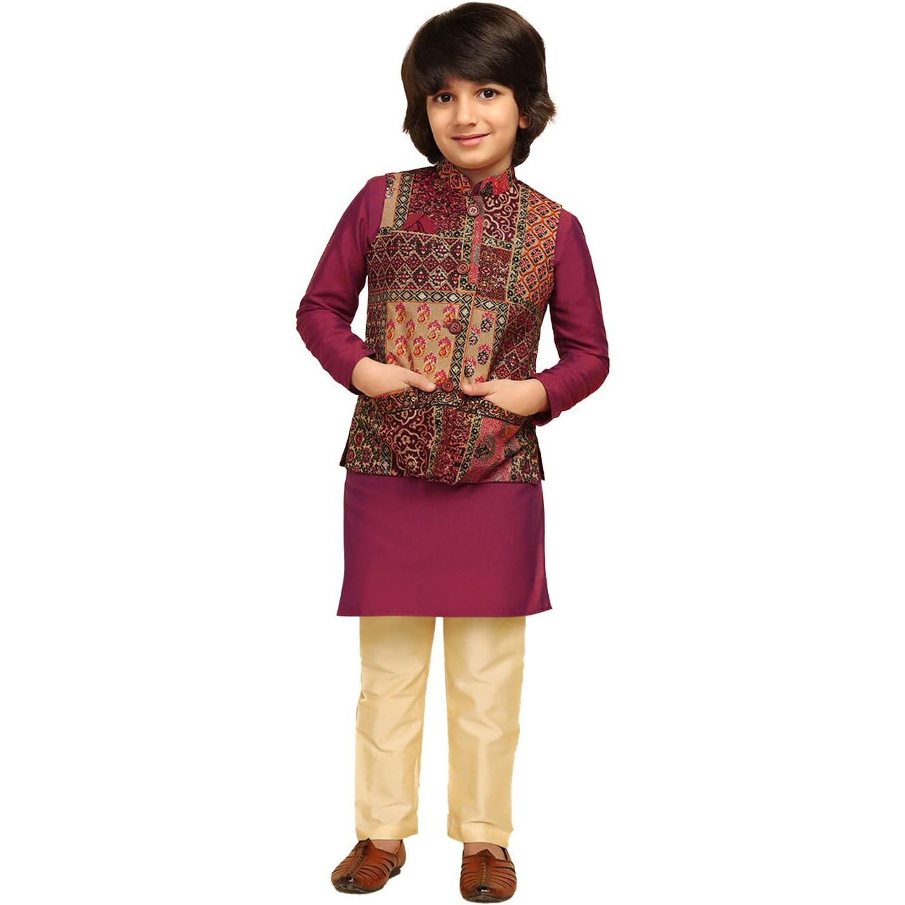 Kisah Boys Kurta Jacket Set Silk Blend Printed Regular Fit Kurta Nehru Jacket Pajama Set For Kids, Multi, 9-10 Years