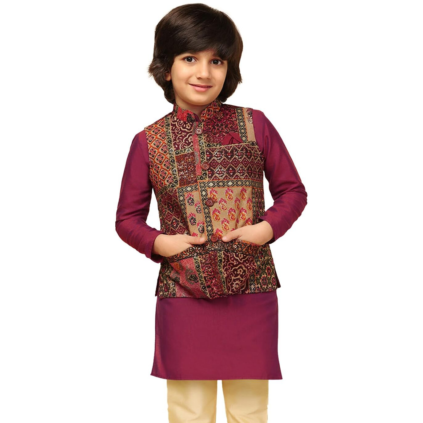 Kisah Boys Kurta Jacket Set Silk Blend Printed Regular Fit Kurta Nehru Jacket Pajama Set For Kids, Multi, 9-10 Years