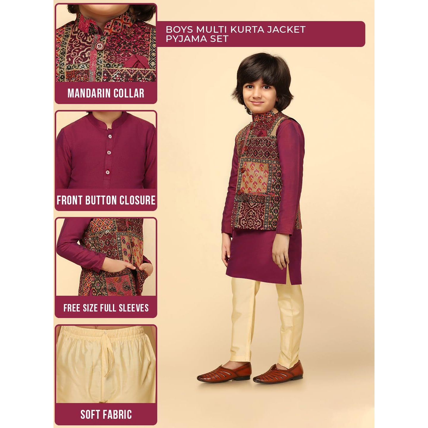 Kisah Boys Kurta Jacket Set Silk Blend Printed Regular Fit Kurta Nehru Jacket Pajama Set For Kids, Multi, 9-10 Years