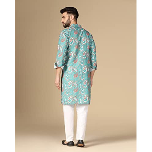 Leriya Fashion Rayon Men's Kurta || Ethnic Printed Kurta For Perfect Ethnic Look || Stand Collar Long Sleeve Kurta For Men || Casual Printed Kurta For Men || Regular Long Men's Kurta. (Medium, Green)
