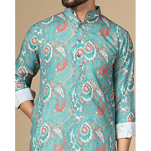 Leriya Fashion Rayon Men's Kurta || Ethnic Printed Kurta For Perfect Ethnic Look || Stand Collar Long Sleeve Kurta For Men || Casual Printed Kurta For Men || Regular Long Men's Kurta. (Medium, Green)