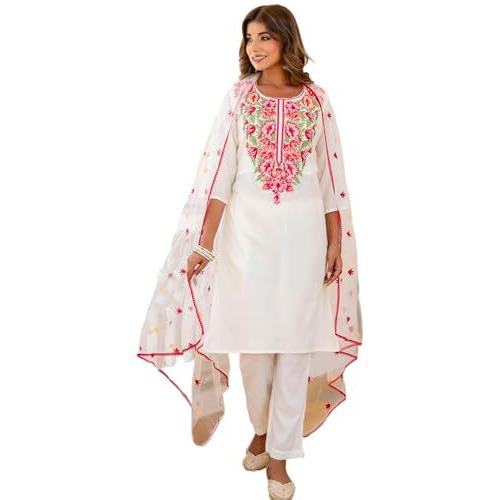 Lookmark Women's Embroidered Cotton Blend Kurta Set This Elegant Ensemble For Special & Casual Wear, Includes A Straight Kurta, Pants & Dupatta (Az-Lm-P3-Ks2103-S) White