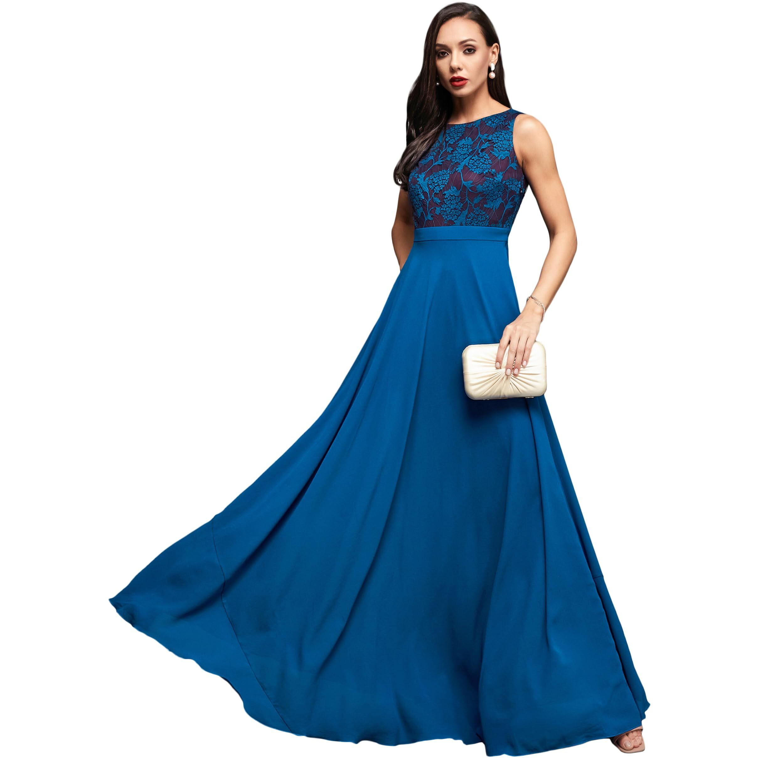 Miss Chase Women's Round Neck Sleeveless Georgette Floral Lace Fit & Flare Maxi Dress Royal Blue