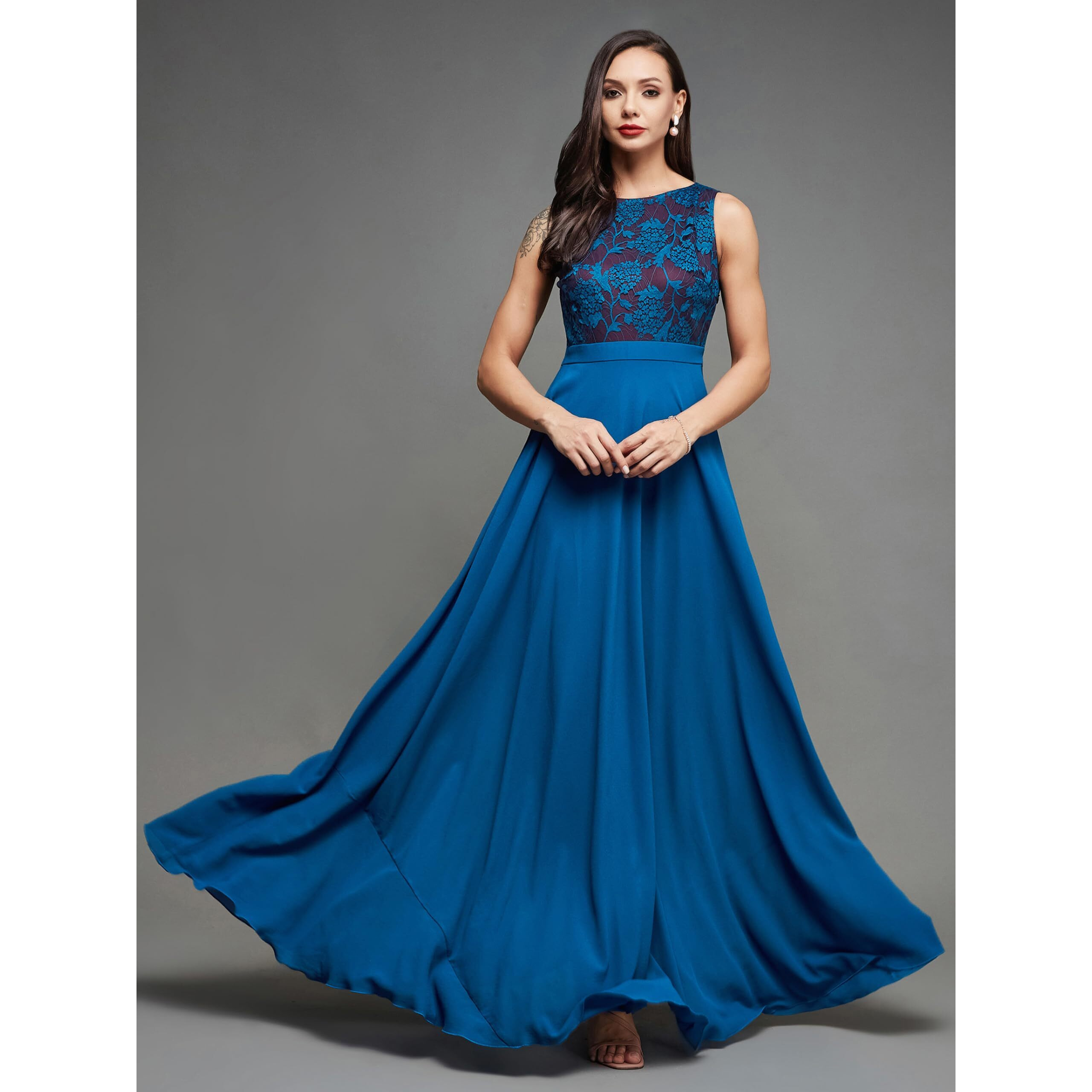 Miss Chase Women's Round Neck Sleeveless Georgette Floral Lace Fit & Flare Maxi Dress Royal Blue