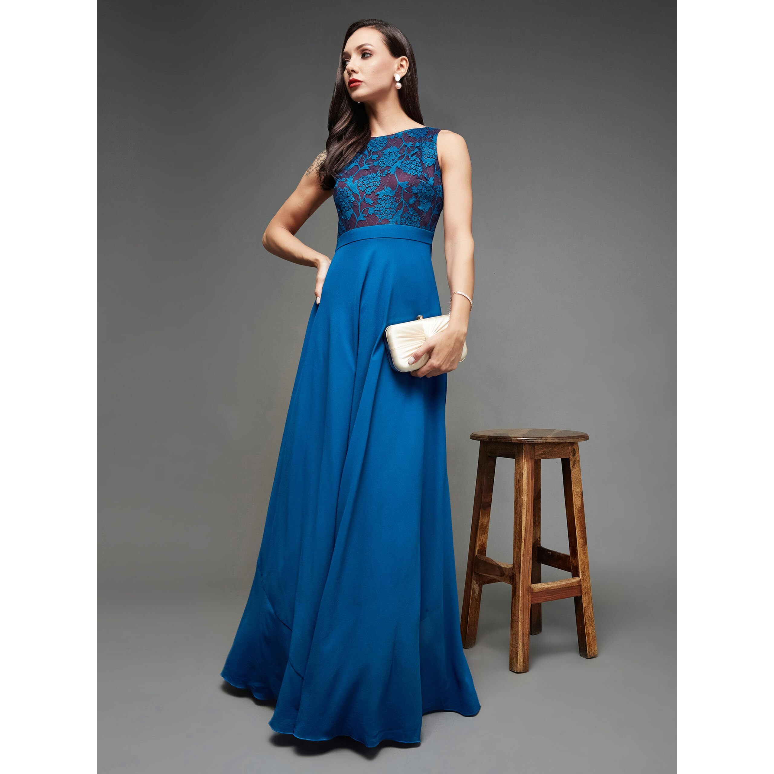 Miss Chase Women's Round Neck Sleeveless Georgette Floral Lace Fit & Flare Maxi Dress Royal Blue