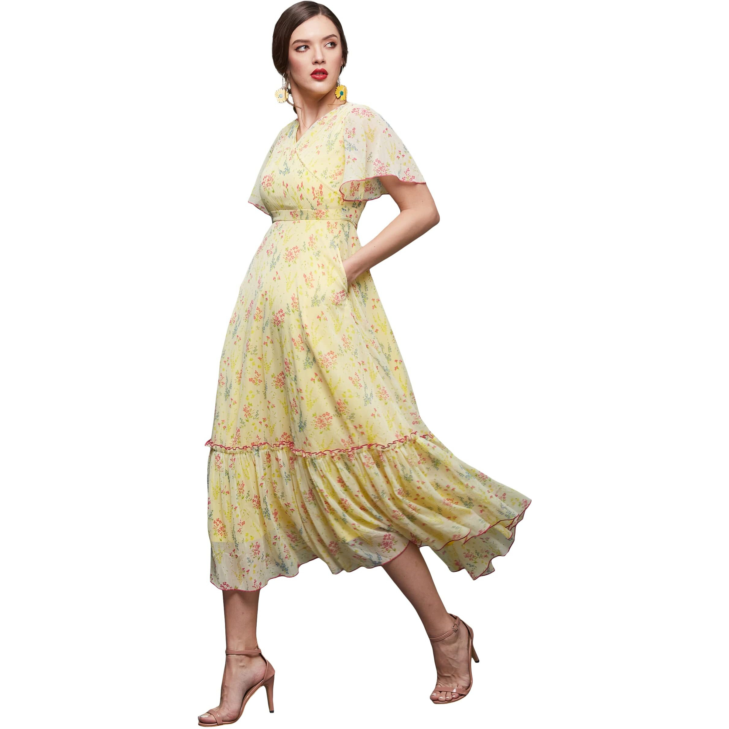 Miss Chase Women's V Neck Flared Sleeve Floral Wrap Maxi Dress (Mcaw21D06-14-164-03, Multicolored-Base-Yellow, S)