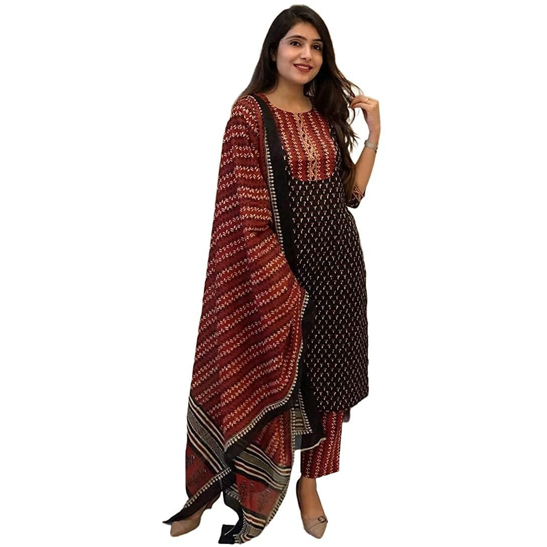 Nermosa Women's Rayon Printed Straight Kurta And Pant With Dupatta Ethnic Set (Maroon) Size X-Large - Block_Nm