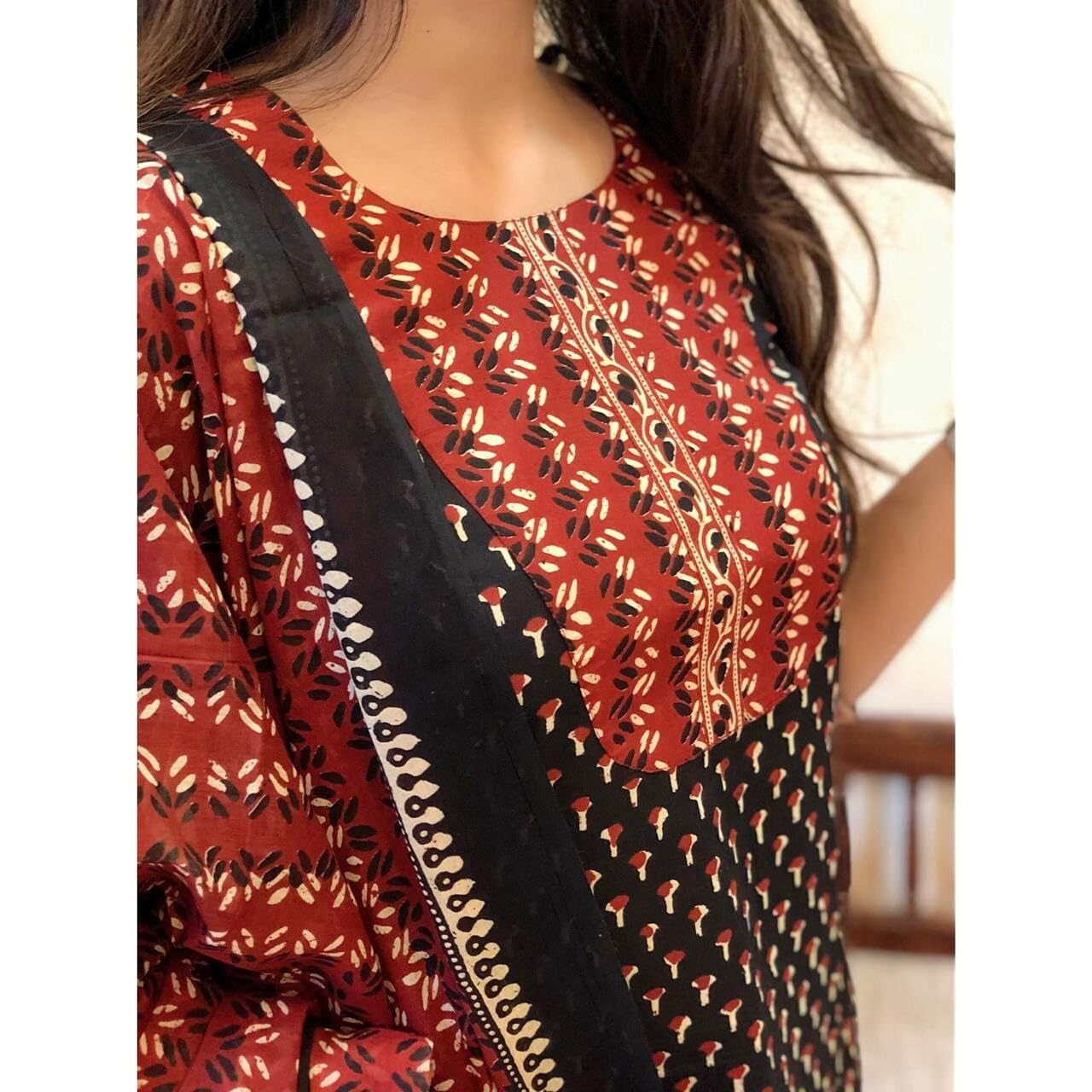 Nermosa Women's Rayon Printed Straight Kurta And Pant With Dupatta Ethnic Set (Maroon) Size X-Large - Block_Nm