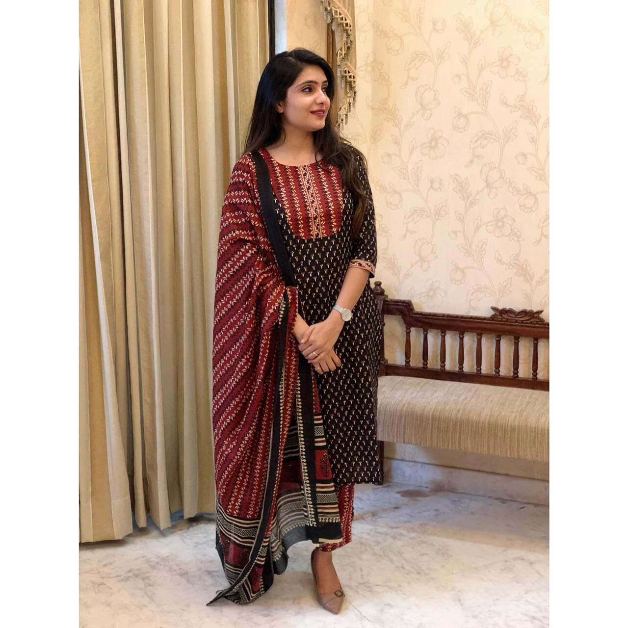Nermosa Women's Rayon Printed Straight Kurta And Pant With Dupatta Ethnic Set (Maroon) Size X-Large - Block_Nm