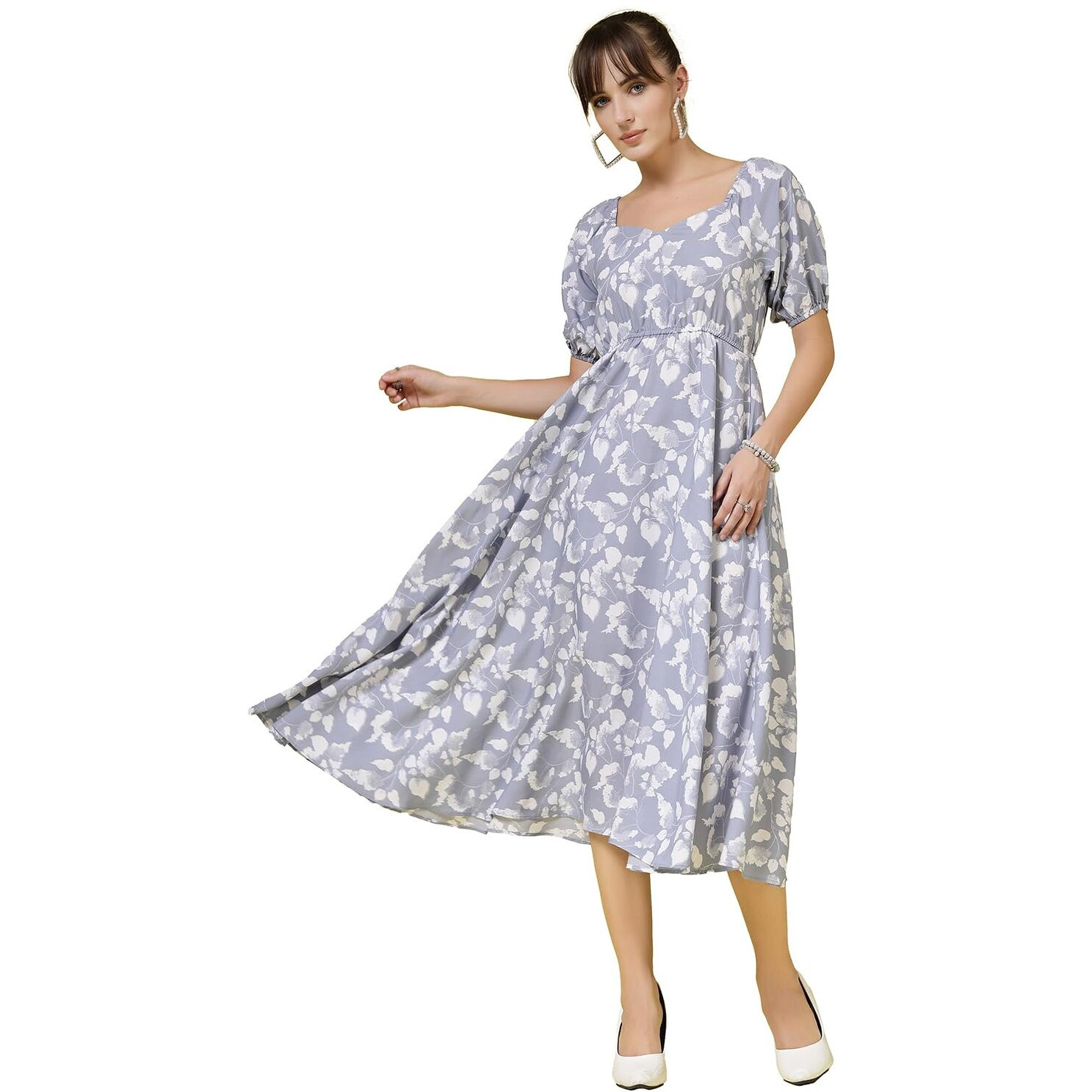 Oomph Flared Dress For Women Stylish | Long One Piece For Women | Puff Sleeve Long Dress | Floral Print Maxi One Piece | Western & Fusion Wear Slate Grey