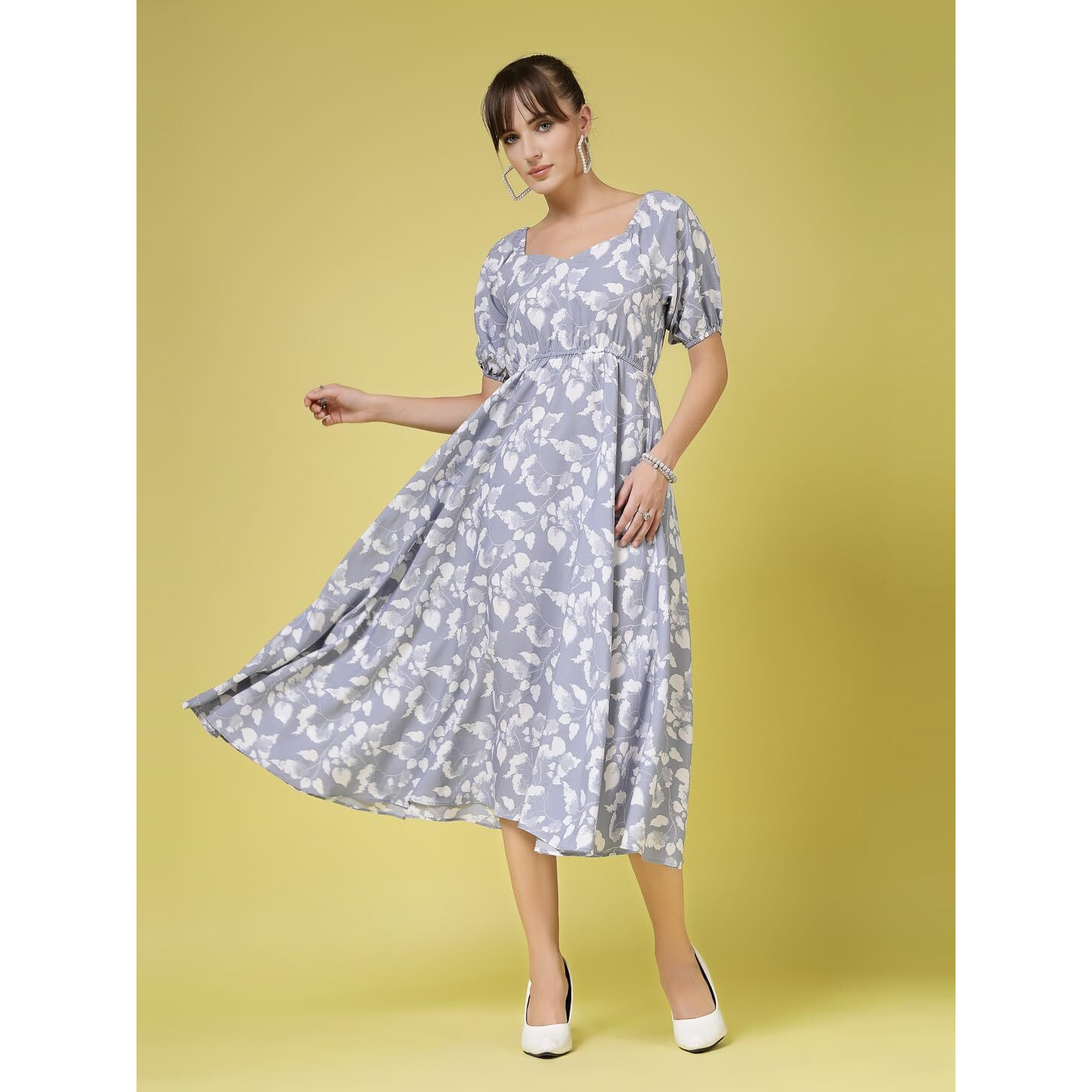 Oomph Flared Dress For Women Stylish | Long One Piece For Women | Puff Sleeve Long Dress | Floral Print Maxi One Piece | Western & Fusion Wear Slate Grey