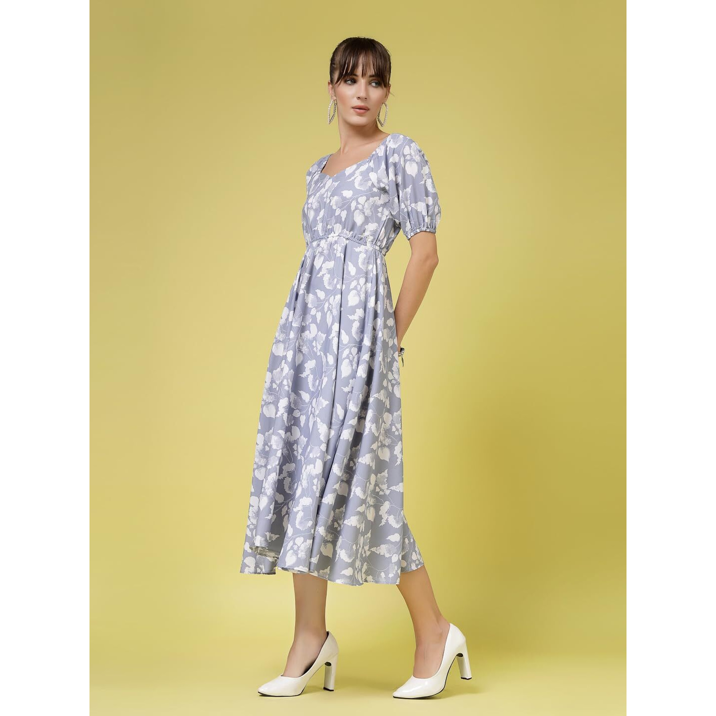 Oomph Flared Dress For Women Stylish | Long One Piece For Women | Puff Sleeve Long Dress | Floral Print Maxi One Piece | Western & Fusion Wear Slate Grey