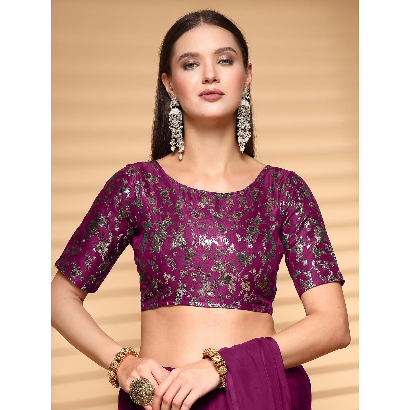 Oomph Readymade Blouse For Women, Brocade, Boat Neck, Rbbl523