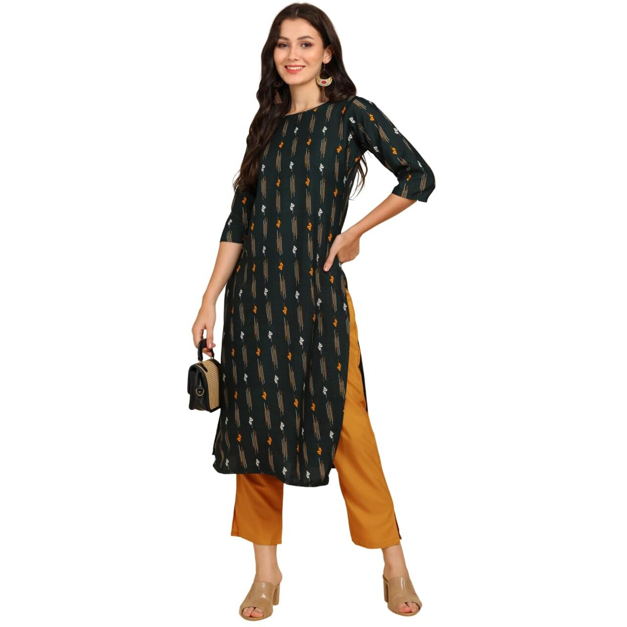 Patlani Women's A-Line-Calf Langth Half Sleeve Crepe Kurti. Green