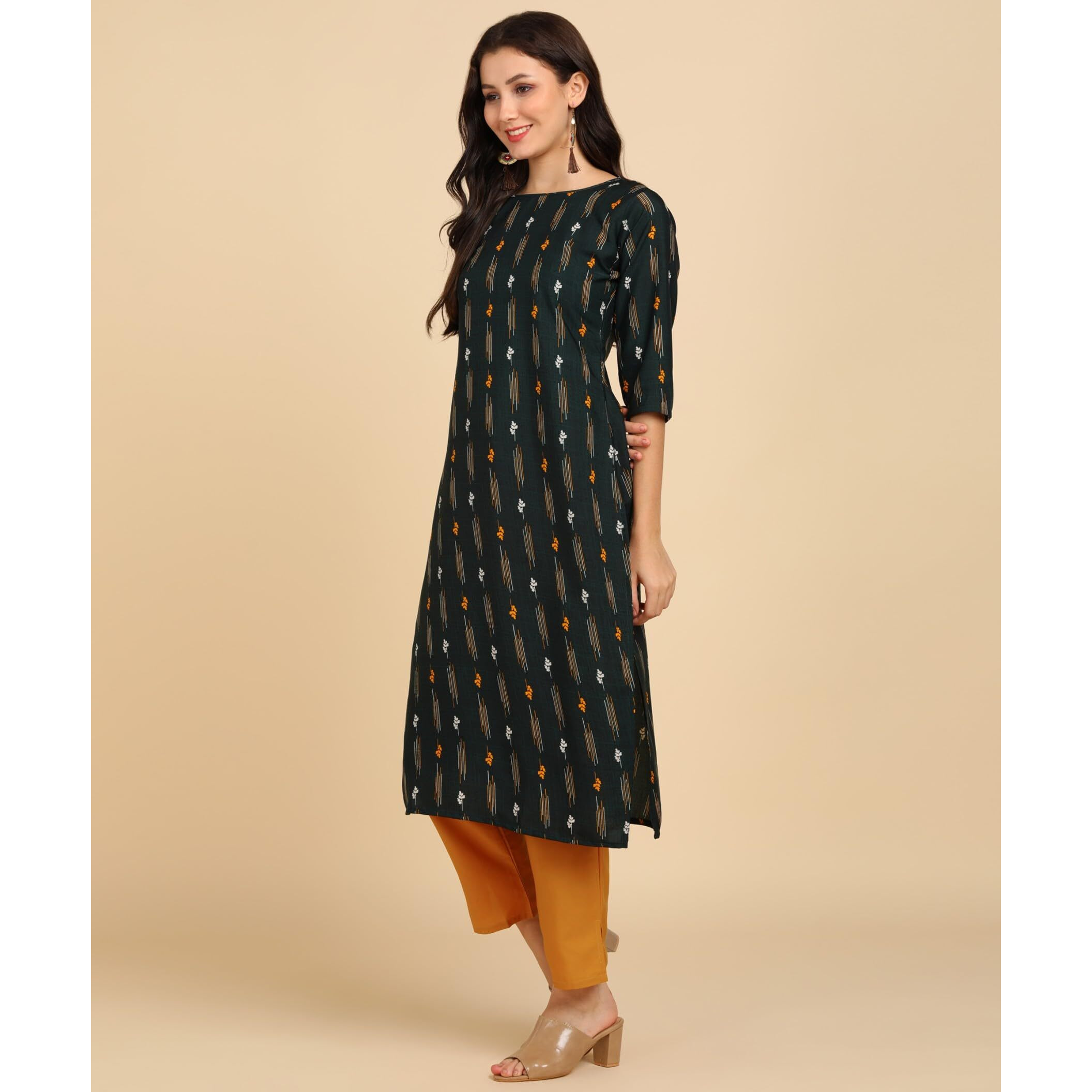 Patlani Women's A-Line-Calf Langth Half Sleeve Crepe Kurti. Green