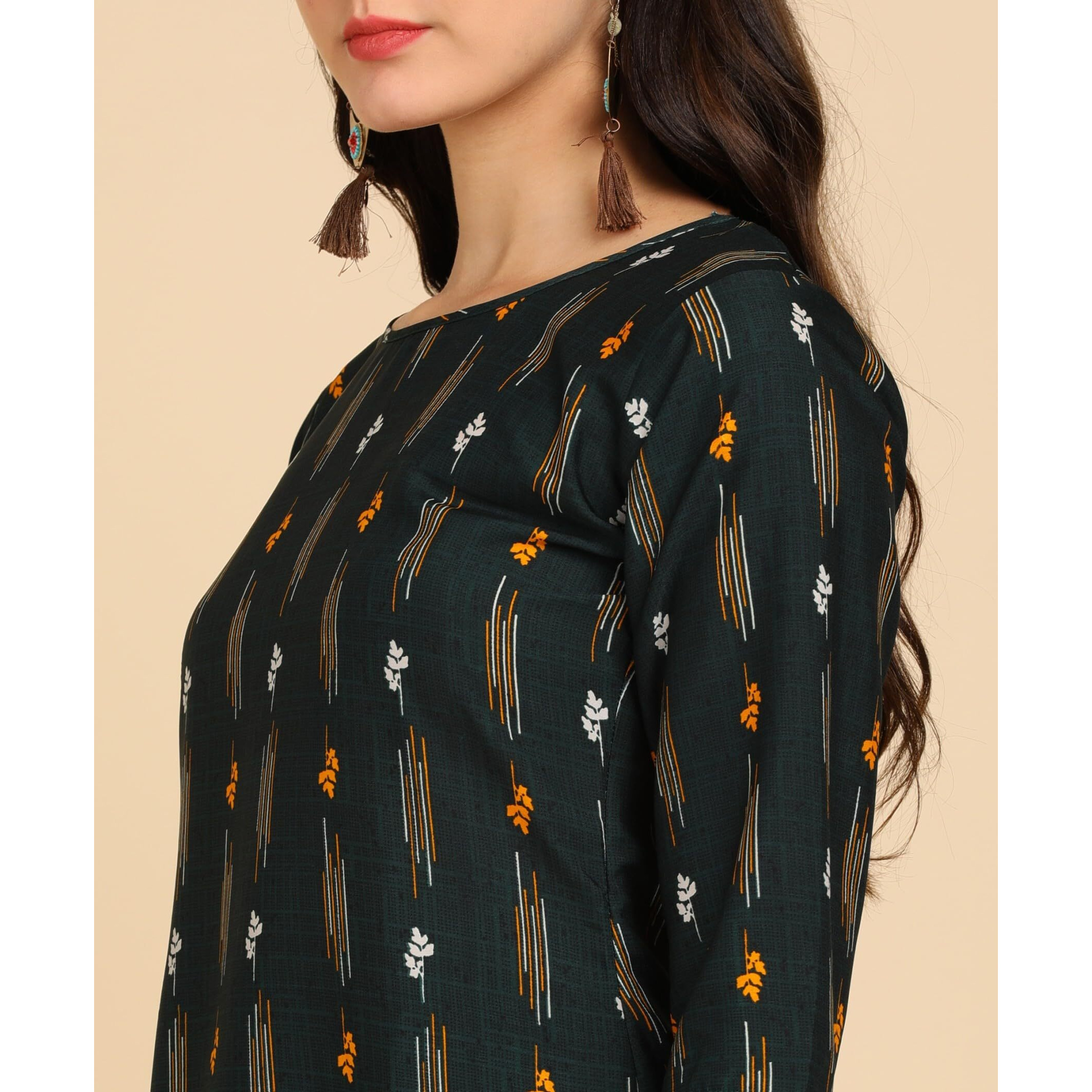 Patlani Women's A-Line-Calf Langth Half Sleeve Crepe Kurti. Green