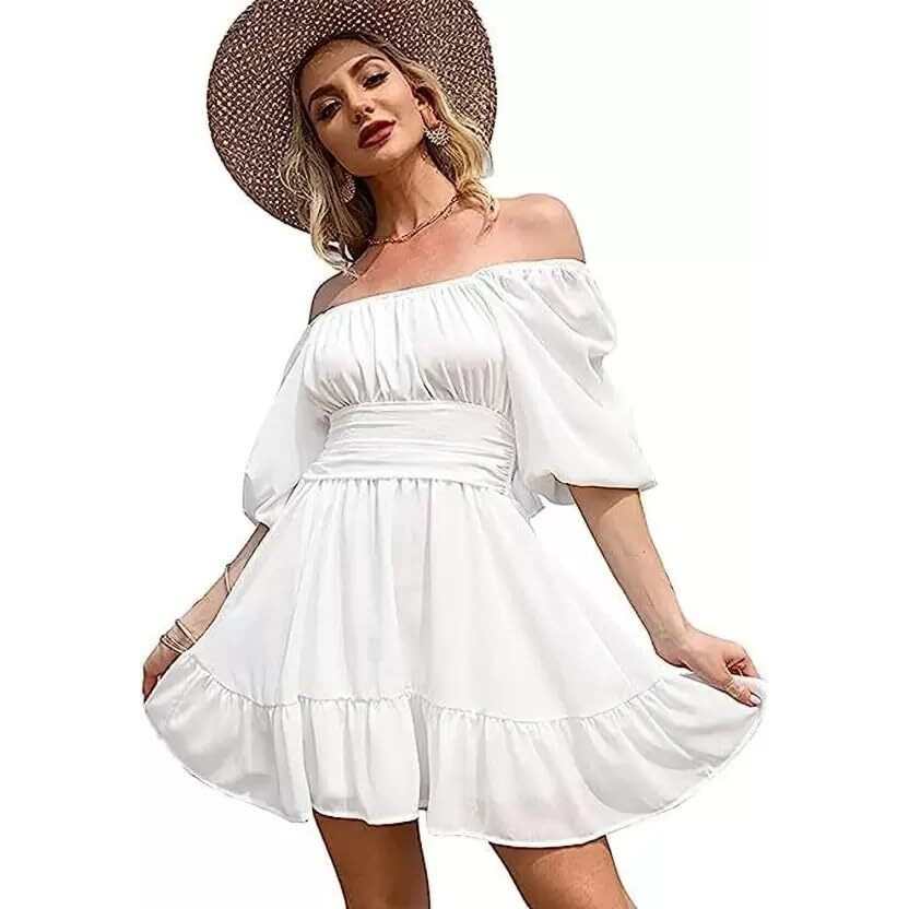 Patlani Western Dresses For Women | Solid Georgette Smock Off Shoulder- Dress | Midi Western Dress For Women.(Off-White-Xl)