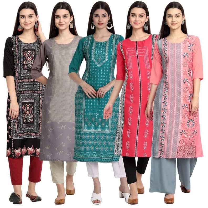 Pinkmint Women's Crepe Kurti For Women's Ll Traditional Kurti For Women Ll The Ultimate Kurti Collection (Pack Of 5)