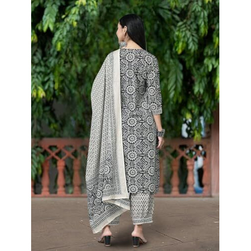 Pinkmint Women's Hevy Cotton Blend Black Kurta Set L Stitched Printed Dupatta Set L Stylish Women Festival Dress (Pack Of 1)
