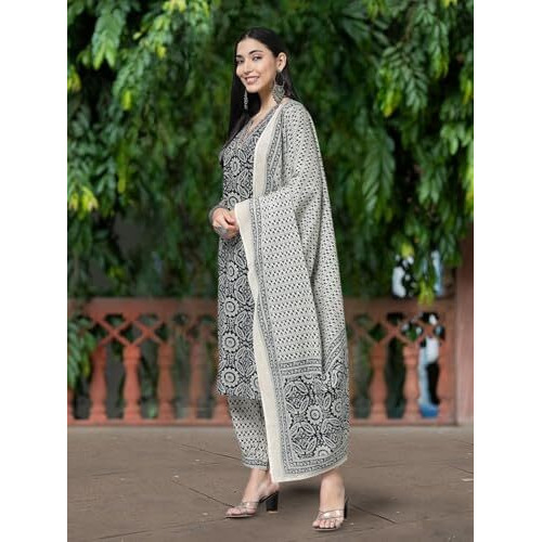 Pinkmint Women's Hevy Cotton Blend Black Kurta Set L Stitched Printed Dupatta Set L Stylish Women Festival Dress (Pack Of 1)