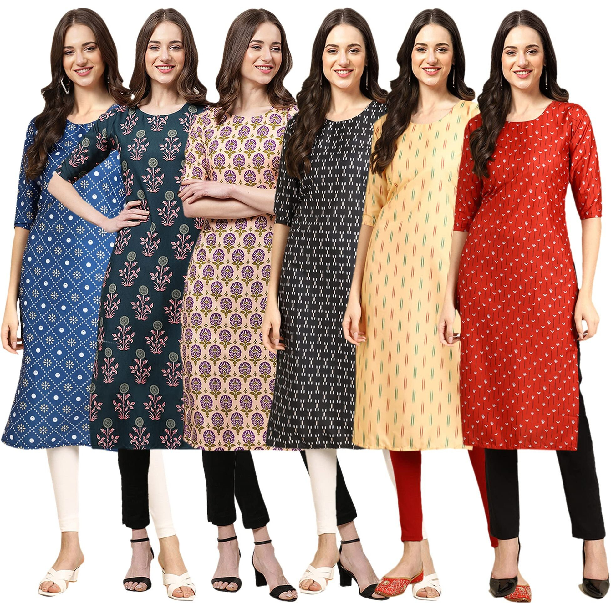 Pinkmint Women's Crepe Digital Print Straight Kurta(Pack Of 6)[Qv-353-335-332-362-360-370-L]