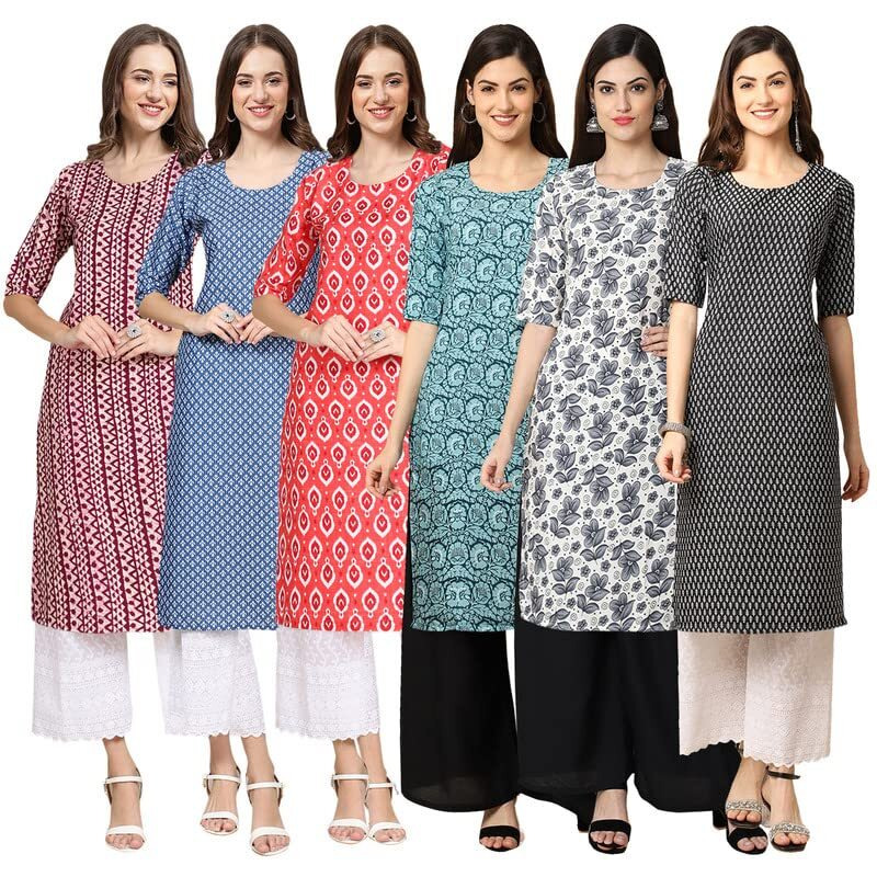 Pinkmint Women's Crepe Digital Print Straight Kurta [Pack Of 6](Mv-347-367-346-378-357-377-M)
