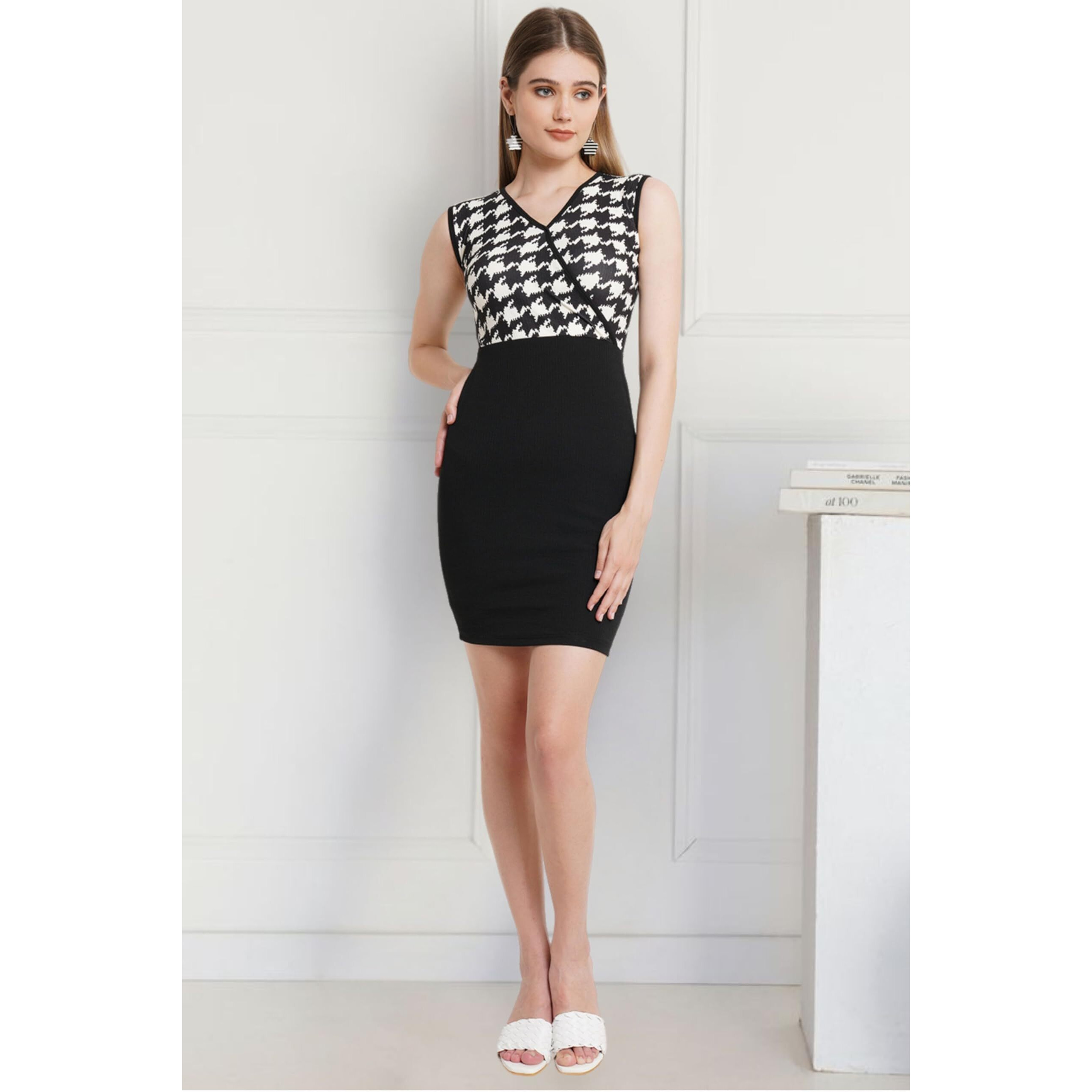 Popwings Women Casual Black & White Sleeveless Printed Knee Length Bodycon Dress | Dress For Women Dress For Women | Women Stylish Dress