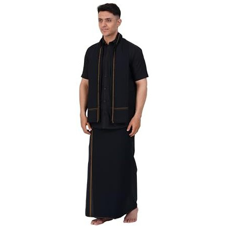 Prakasam Cotton Mens Single Small Border (1.28X2.00 Mtrs) Black Dhoti + Readymade Half Sleeve Shirt + Black Small Border Towel