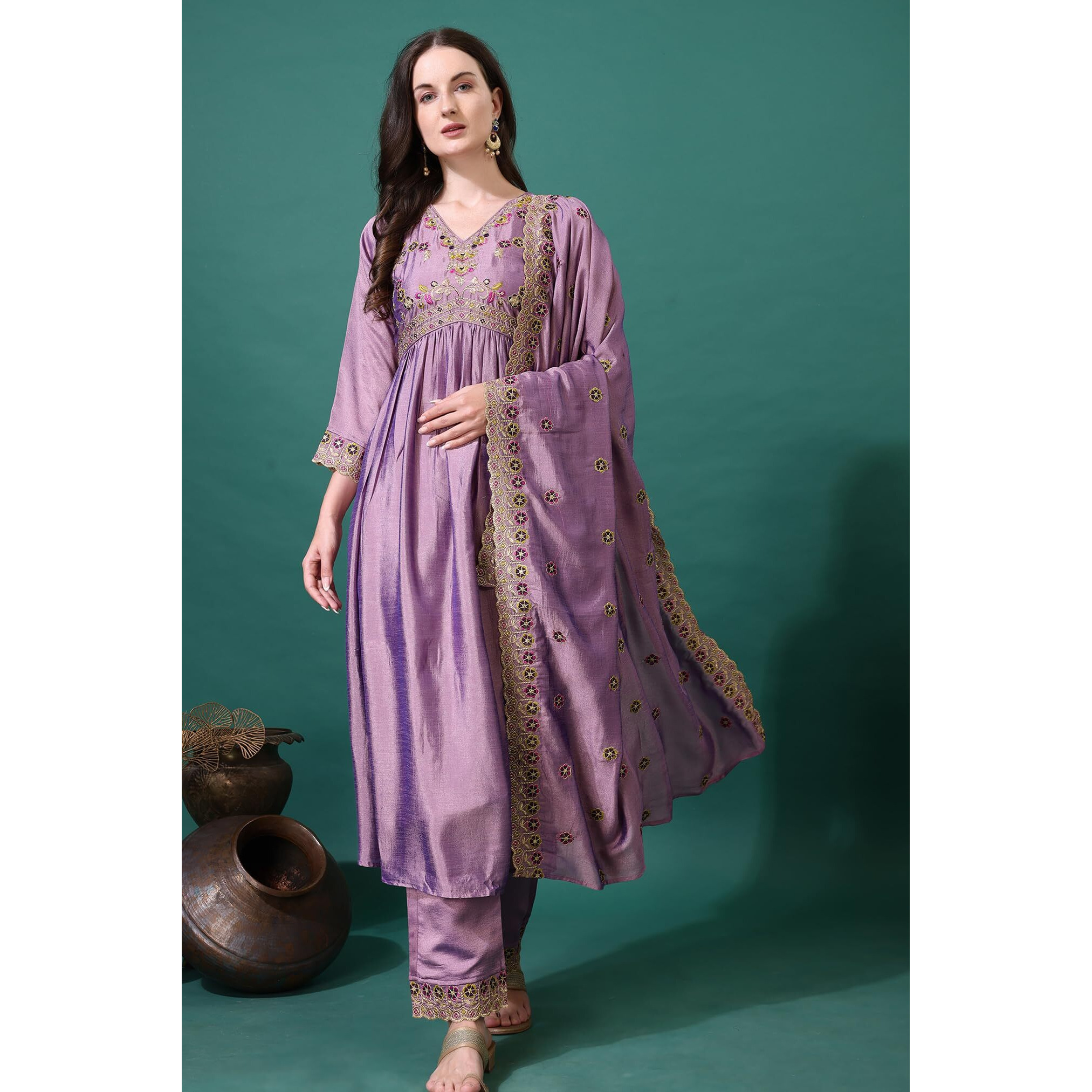 Pratham Blue Women's Silk Embroidered Anarkali Kurta Palazzos With Dupatta |Kurta Sets For Women |Women's Embroidered Kurta Sets Kurtis (Bkp-1005-S_Peach Pink)