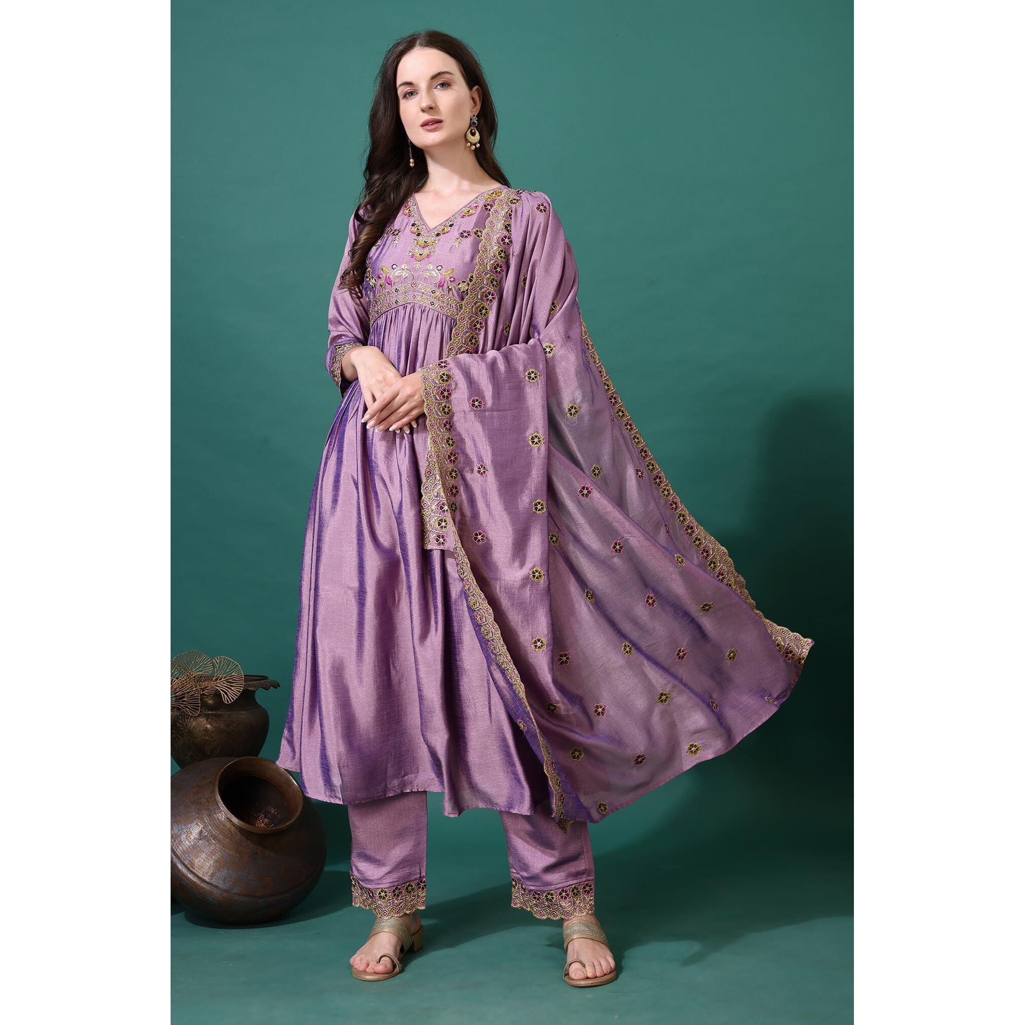 Pratham Blue Women's Silk Embroidered Anarkali Kurta Palazzos With Dupatta |Kurta Sets For Women |Women's Embroidered Kurta Sets Kurtis (Bkp-1005-S_Peach Pink)