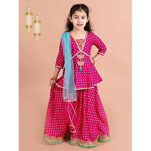 Pspeaches Cotton Girls Magenta Blue Printed Ready To Wear Readymade Lehenga Set (Pink-10-12Y), 10 Years-12 Years