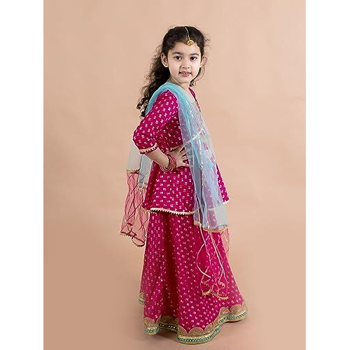 Pspeaches Cotton Girls Magenta Blue Printed Ready To Wear Readymade Lehenga Set (Pink-10-12Y), 10 Years-12 Years