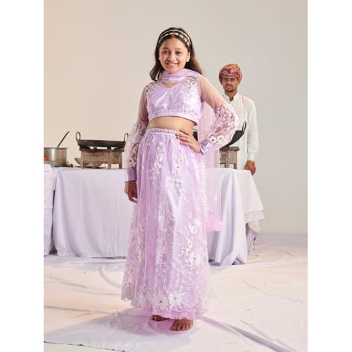 Pspeaches Girl's Net 1 Lehenga, 1 Choli, 1 Dupatta (L-Purplenetemb-14- Purple_14-15Y)