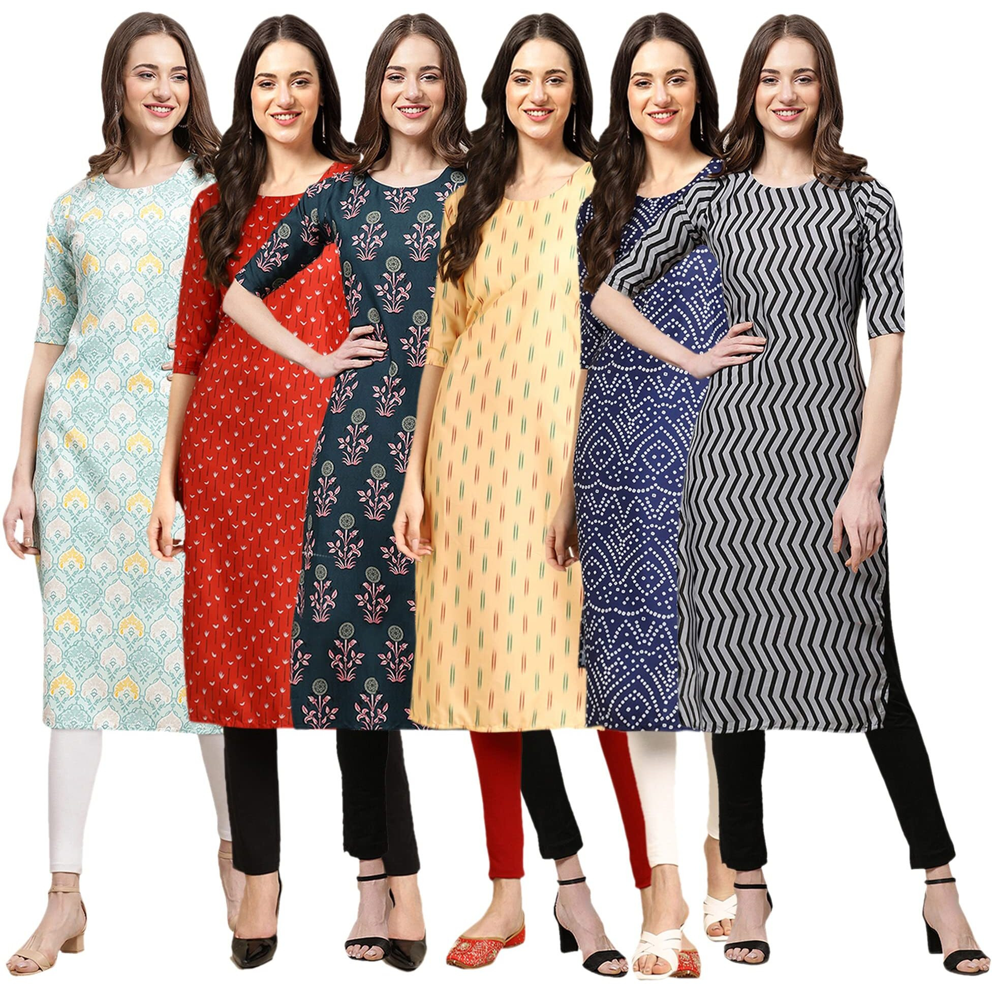 Pinkmint Women's Crepe Digital Print Straight Kurta(Pack Of 6)[Qv-343-370-335-360-366-336-S]