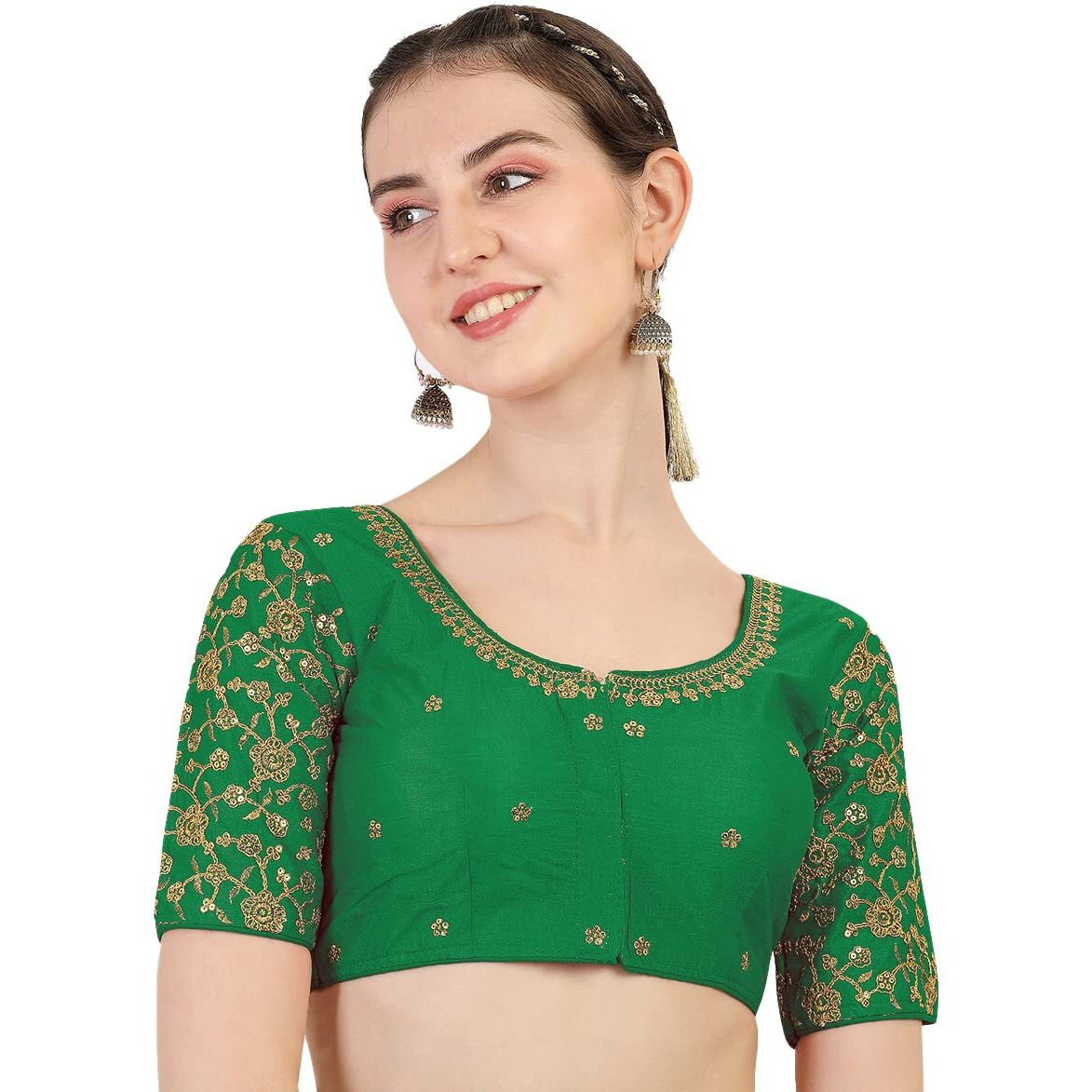 Pujia Mills Women's Phantom Silk Flowerhalf Sleeve Saree Blouse (Flowerr Blouse_Green_38 Size+Margin)