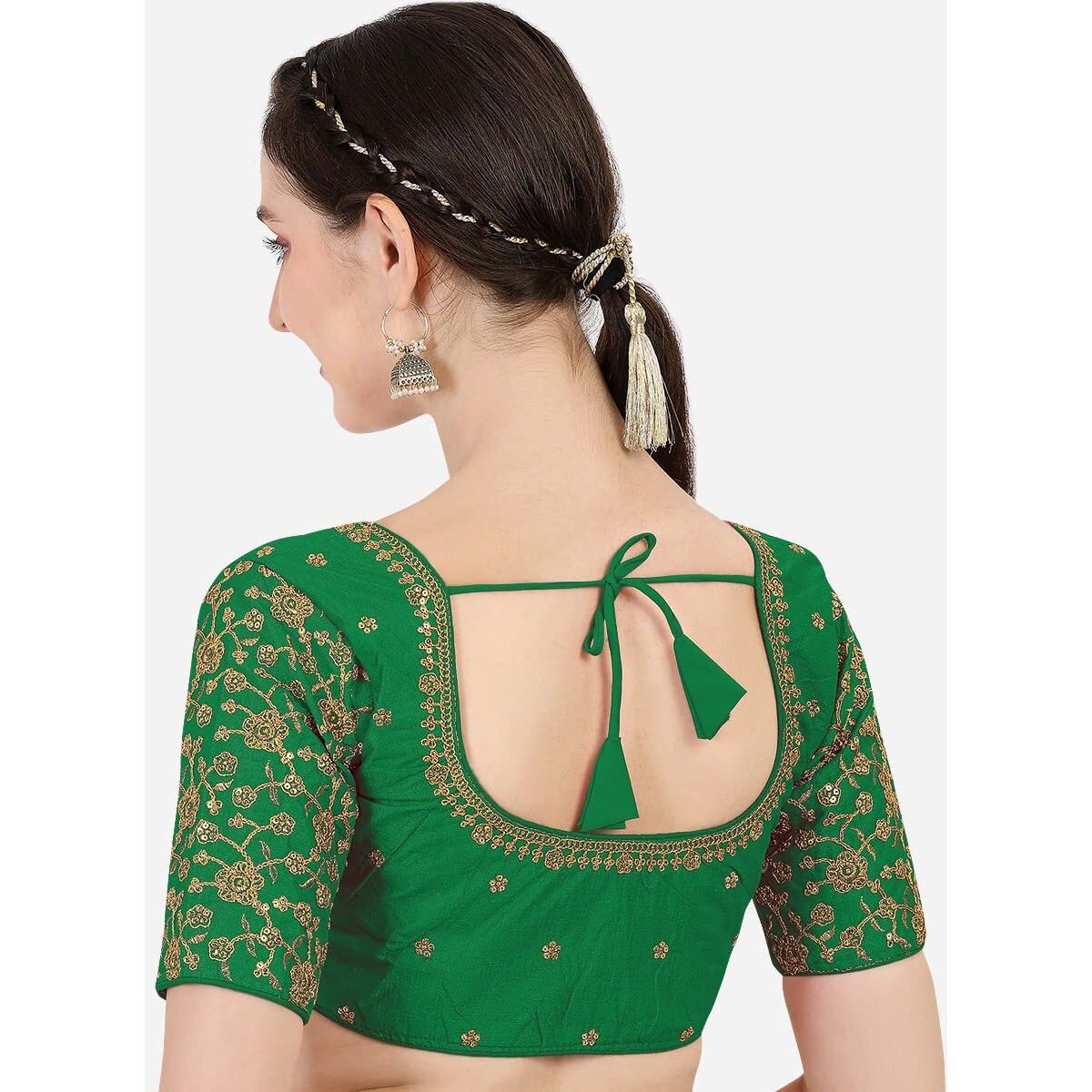 Pujia Mills Women's Phantom Silk Flowerhalf Sleeve Saree Blouse (Flowerr Blouse_Green_38 Size+Margin)