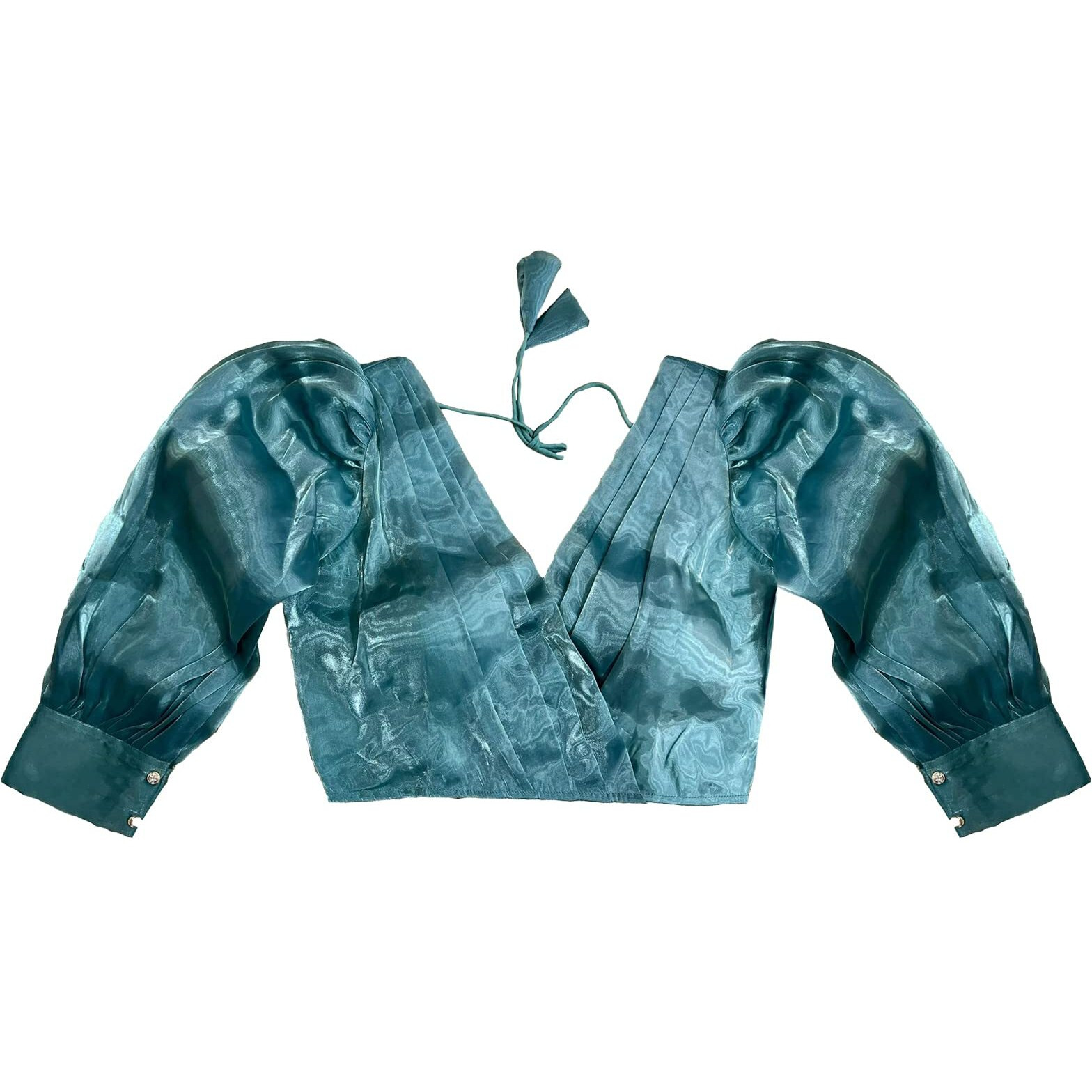 Pujia Mills Women's Rafale Silk Full Balloon Sleeve V Neck Blouse(Gangu) (Sea Green, 38)