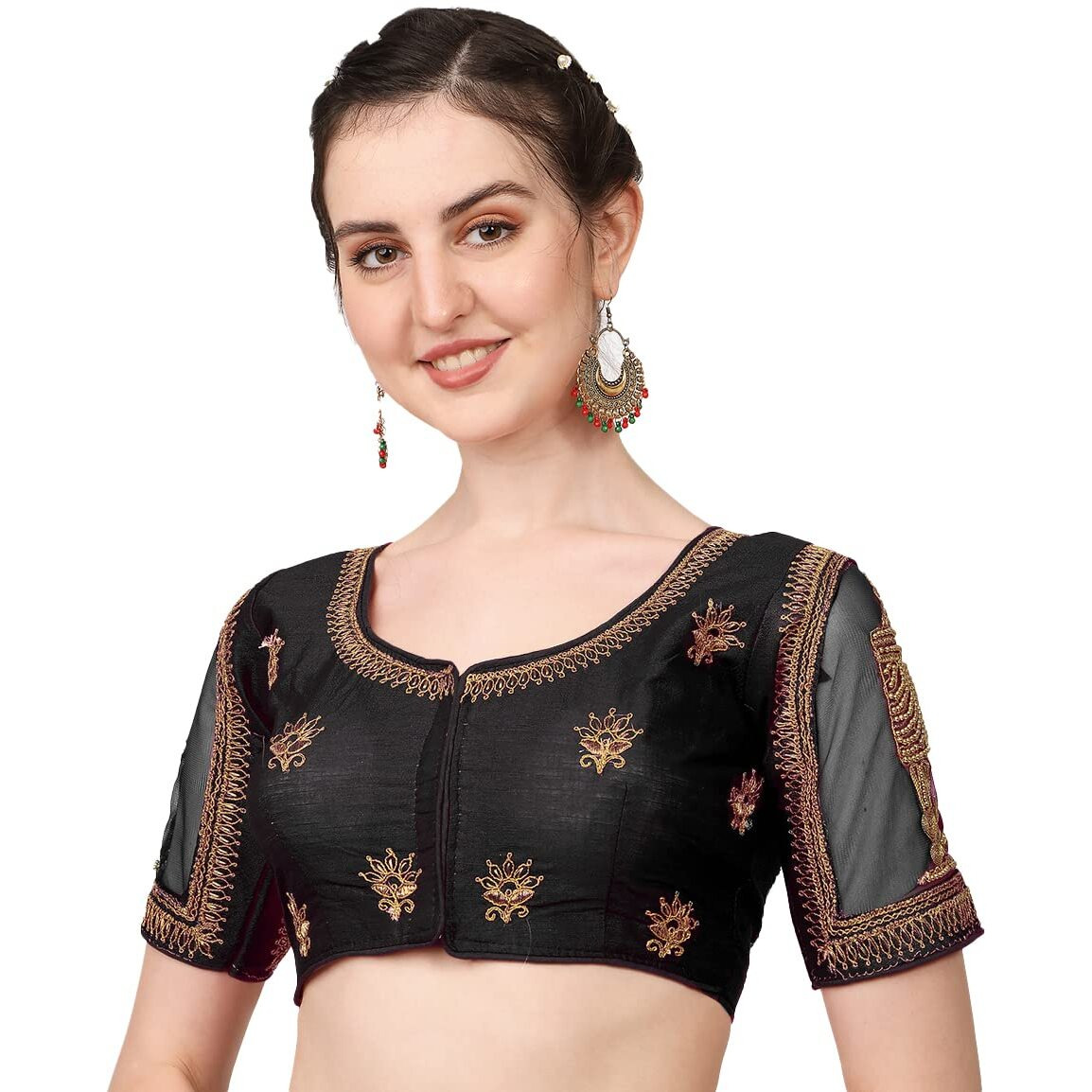 Pujia Mills Women's Multicolor Temple Embroidery Net Back Sequence Khatli Work Sleeves Design Phantom Silk Readymade Saree Blouse (Temple Blouse_Black_38 Size+Margin)