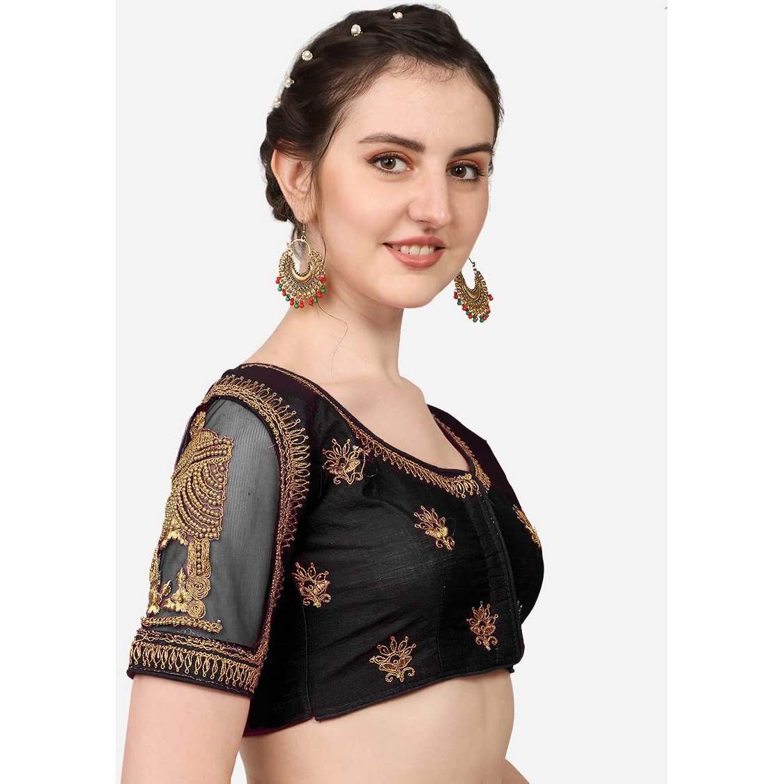 Pujia Mills Women's Multicolor Temple Embroidery Net Back Sequence Khatli Work Sleeves Design Phantom Silk Readymade Saree Blouse (Temple Blouse_Black_38 Size+Margin)