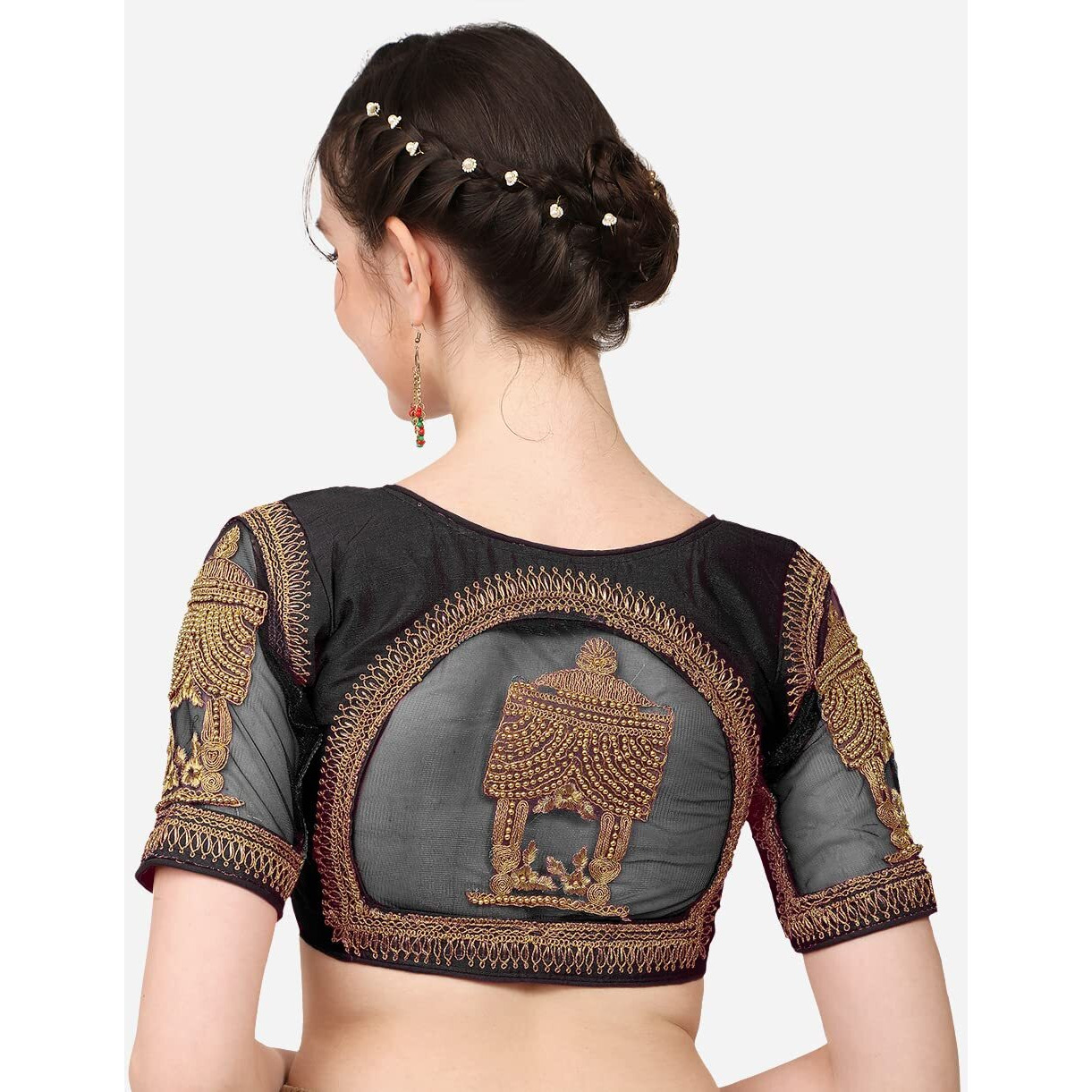 Pujia Mills Women's Multicolor Temple Embroidery Net Back Sequence Khatli Work Sleeves Design Phantom Silk Readymade Saree Blouse (Temple Blouse_Black_38 Size+Margin)