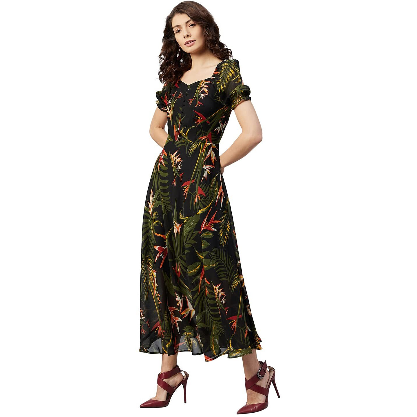 Rare Women's Georgette Fit And Flare Maxi Dress (Ep6218_Black_L)